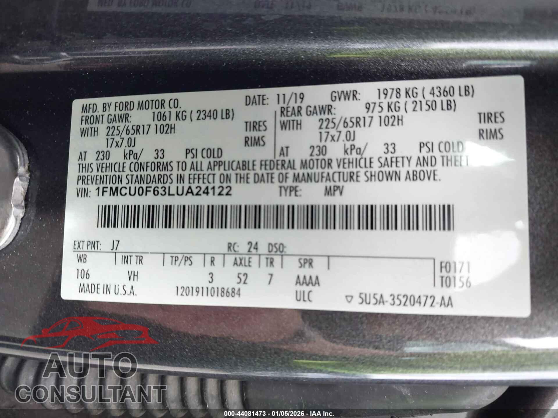 FORD ESCAPE 2020 - 1FMCU0F63LUA24122