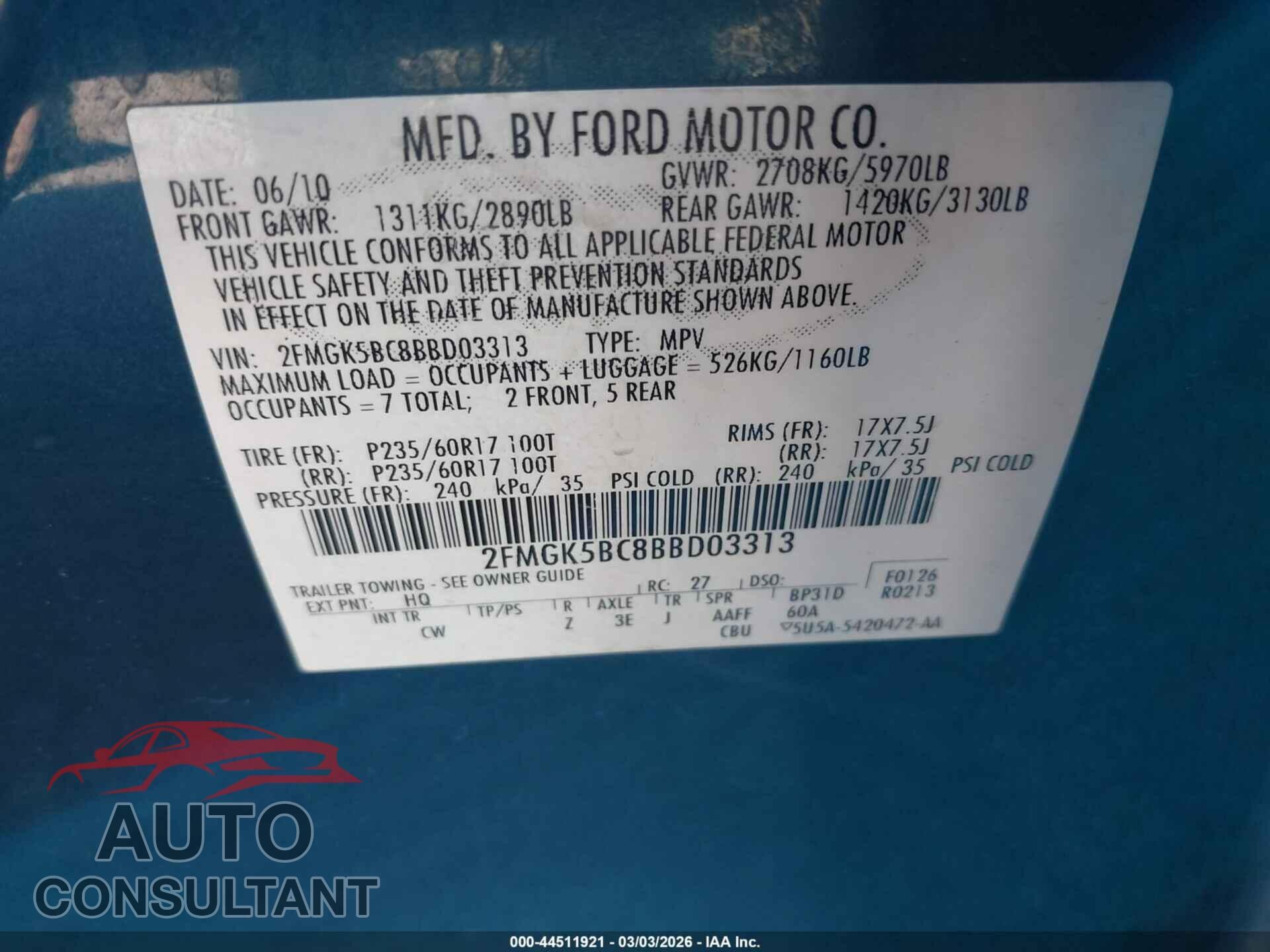FORD FLEX 2011 - 2FMGK5BC8BBD03313