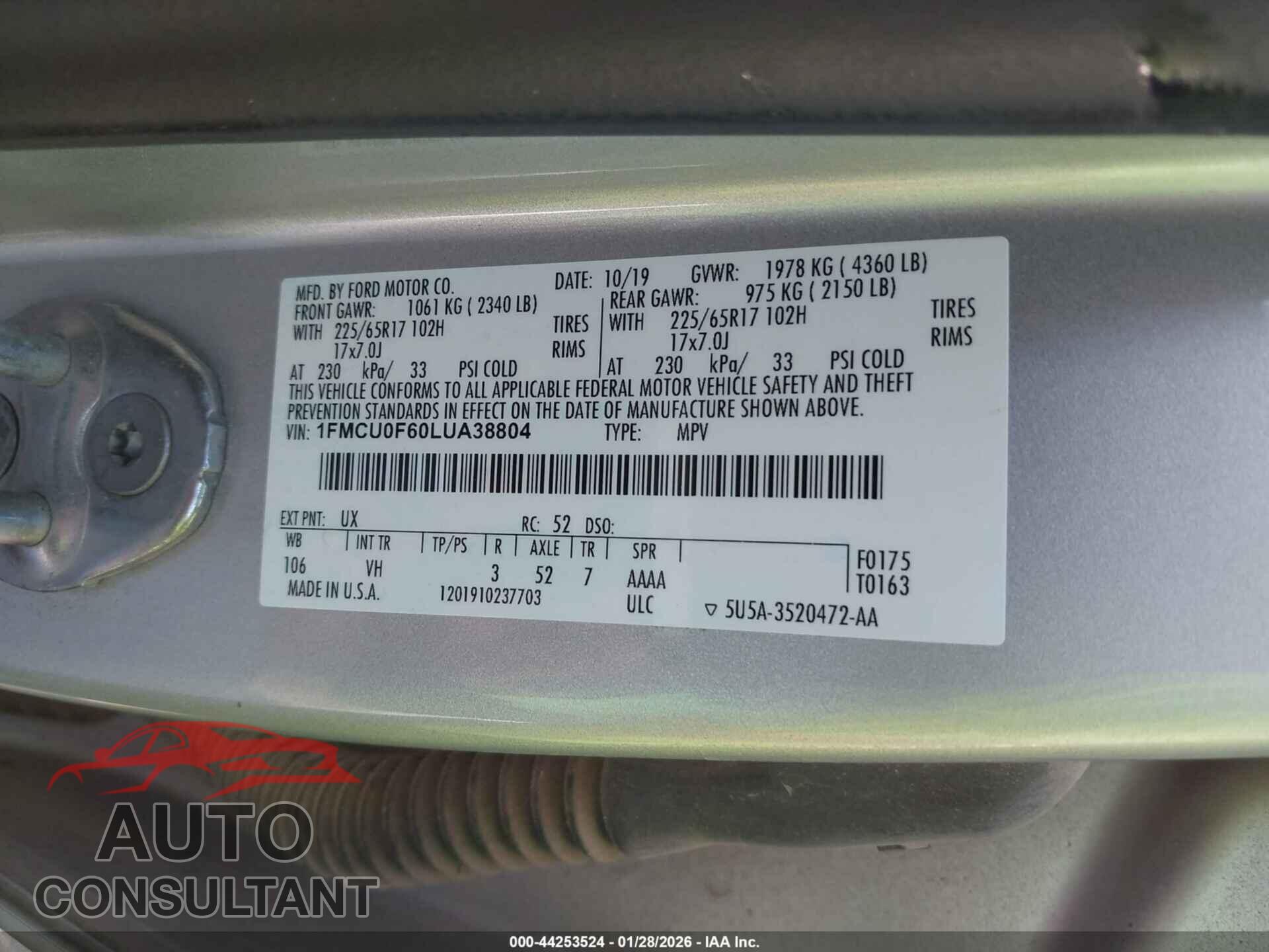 FORD ESCAPE 2020 - 1FMCU0F60LUA38804