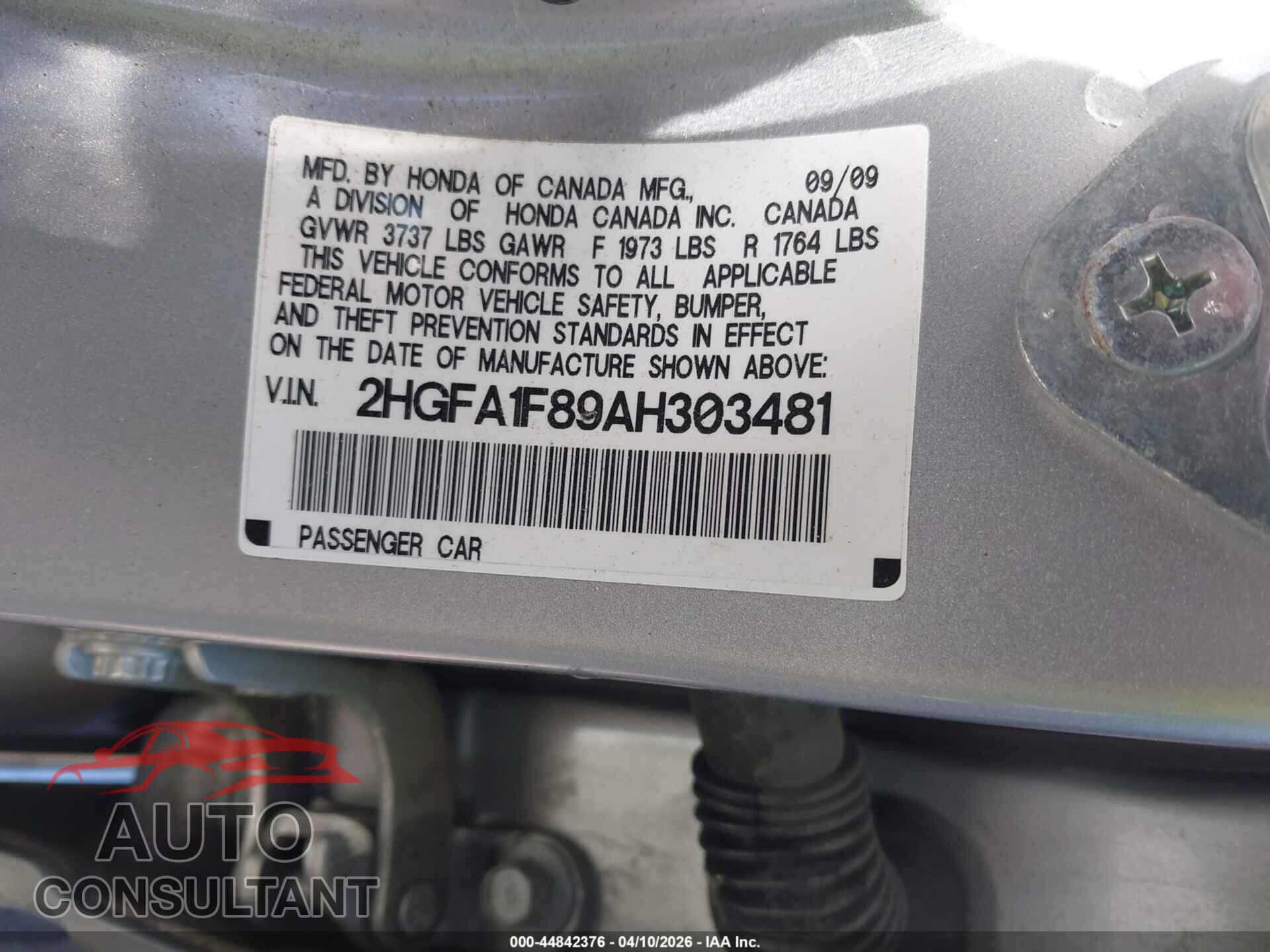 HONDA CIVIC 2010 - 2HGFA1F89AH303481