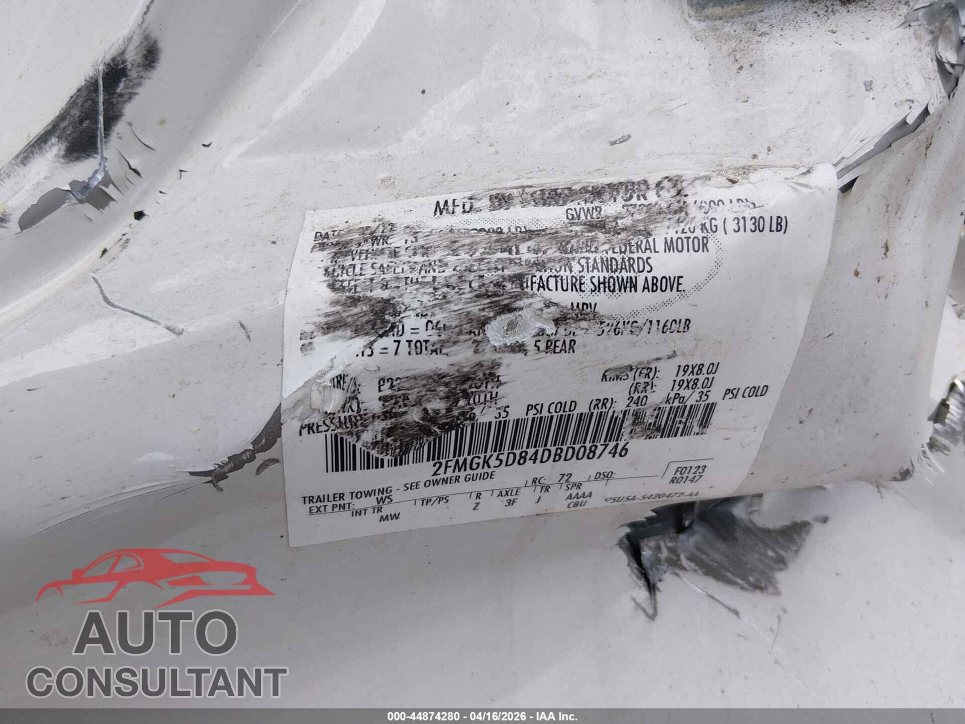 FORD FLEX 2013 - 2FMGK5D84DBD08746