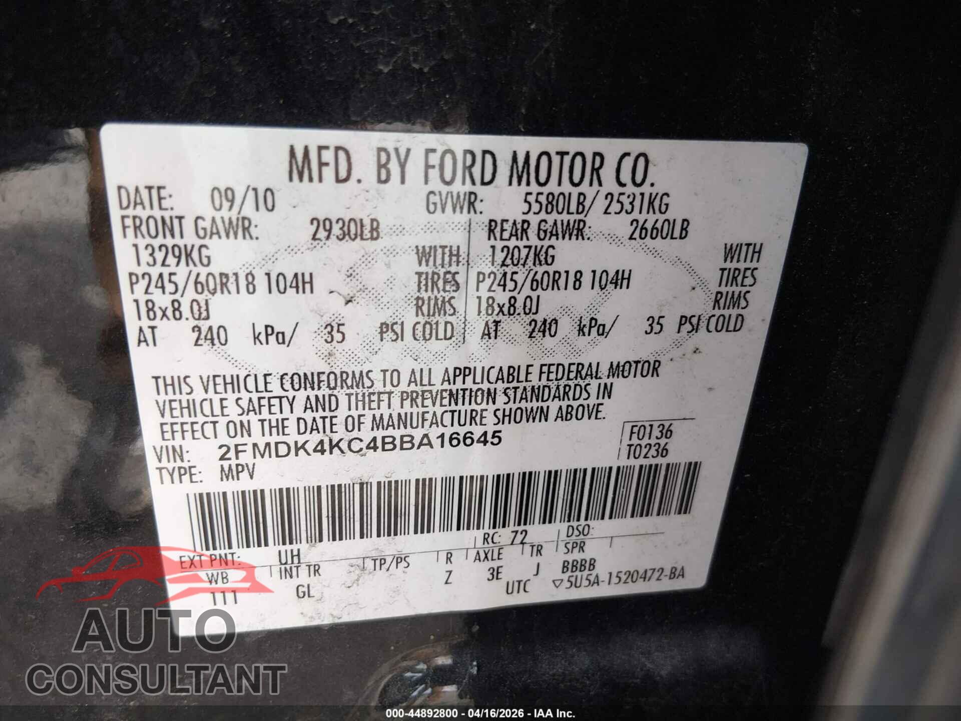FORD EDGE 2011 - 2FMDK4KC4BBA16645