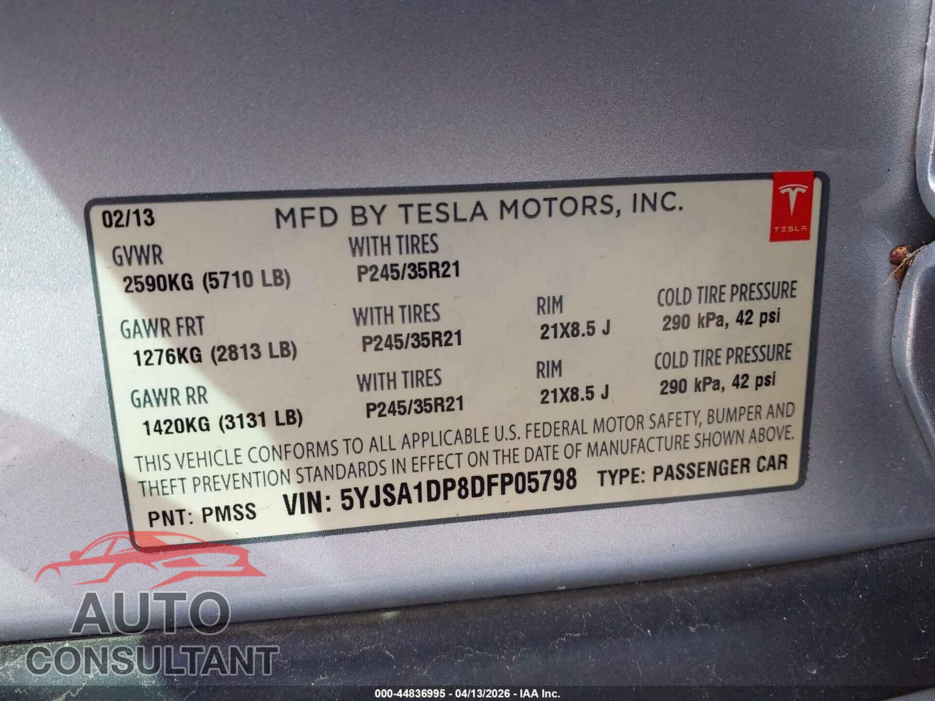 TESLA MODEL S 2013 - 5YJSA1DP8DFP05798