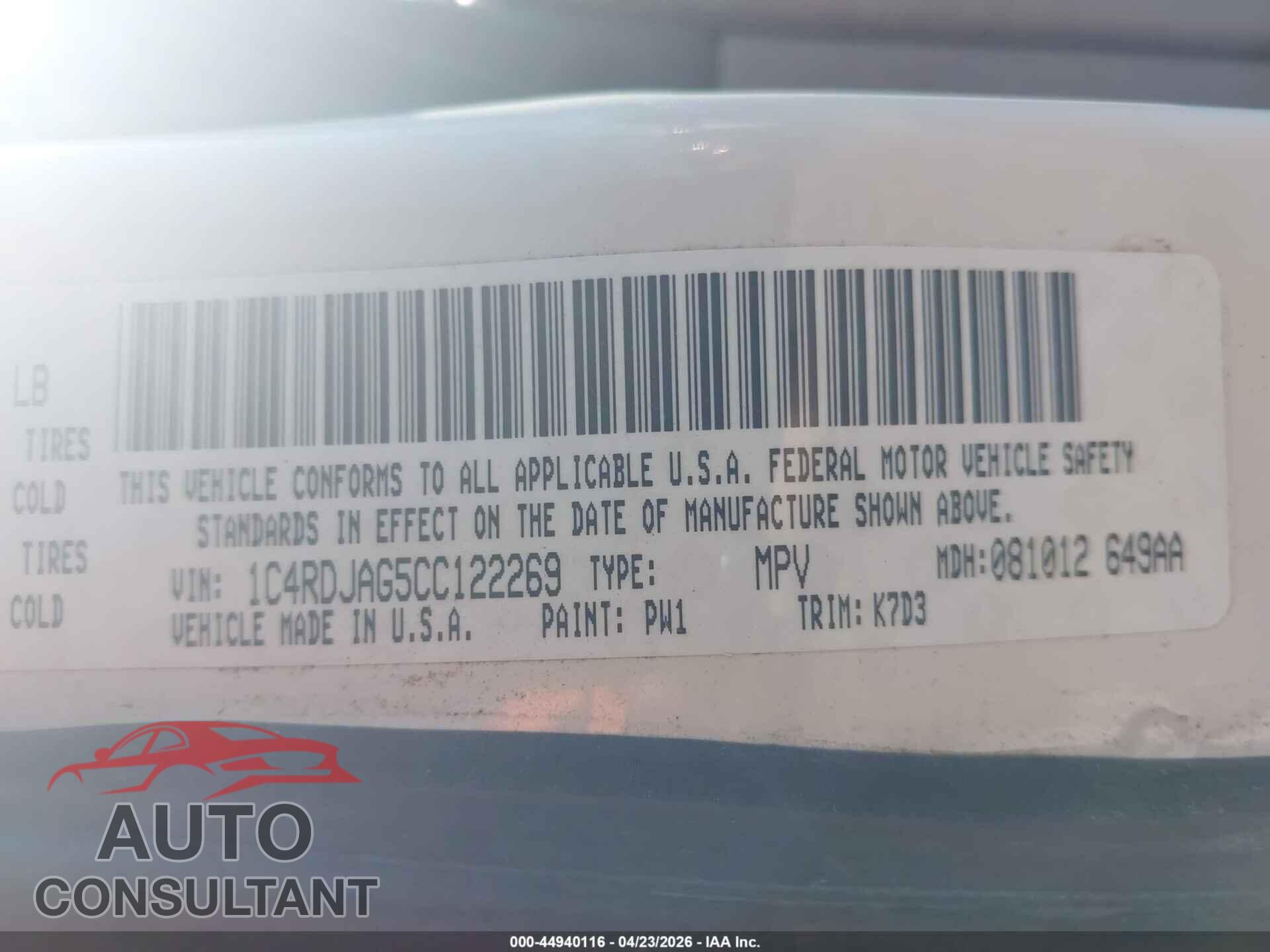 DODGE DURANGO 2012 - 1C4RDJAG5CC122269