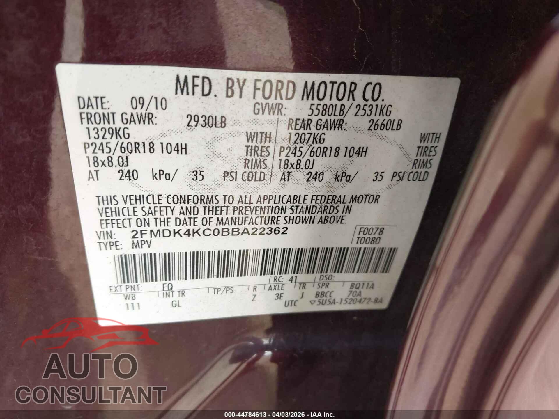 FORD EDGE 2011 - 2FMDK4KC0BBA22362