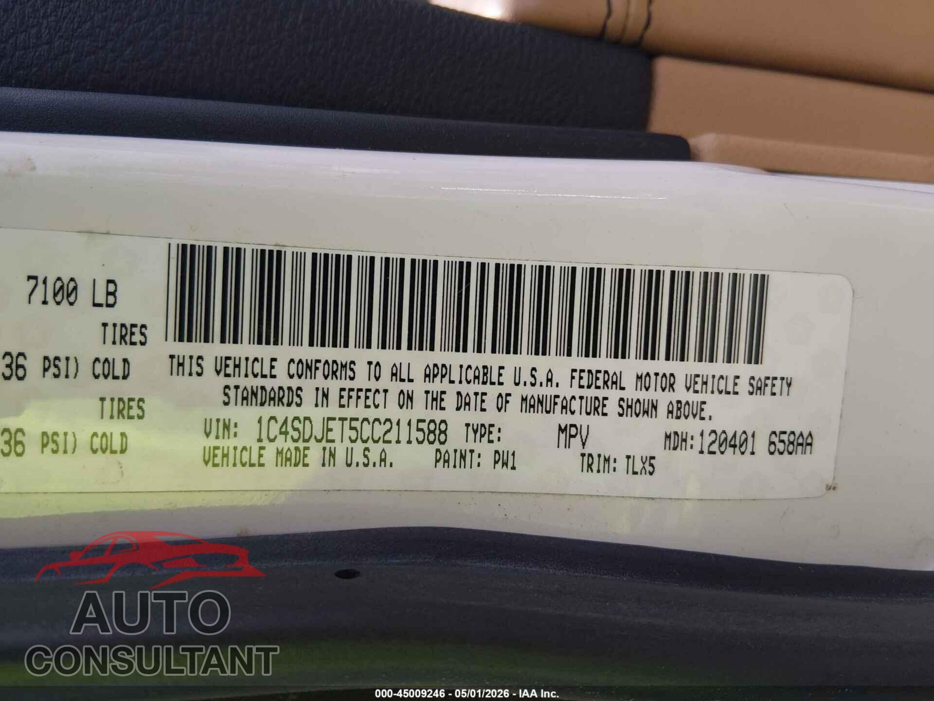 DODGE DURANGO 2012 - 1C4SDJET5CC211588