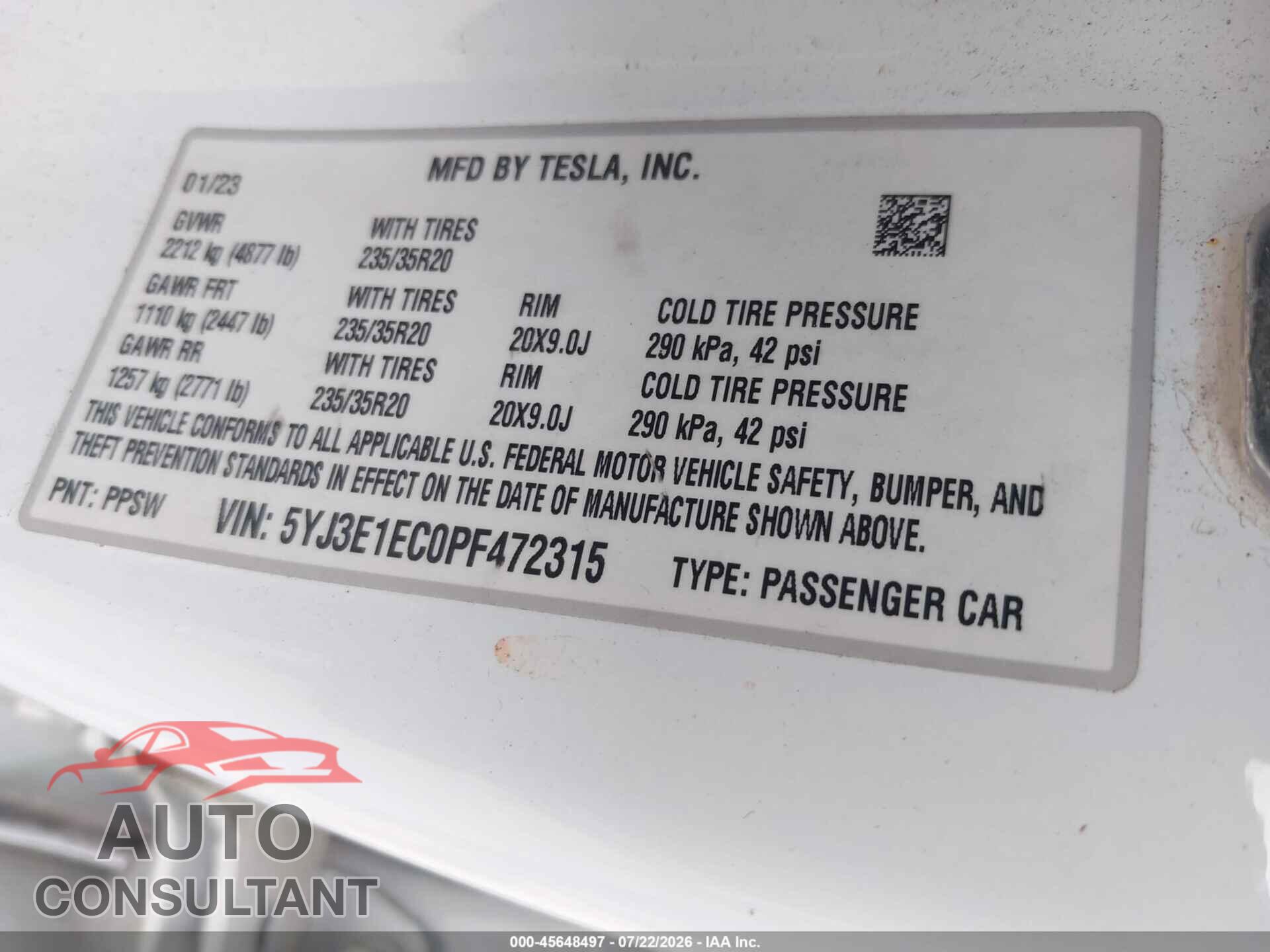 TESLA MODEL 3 2023 - 5YJ3E1EC0PF472315