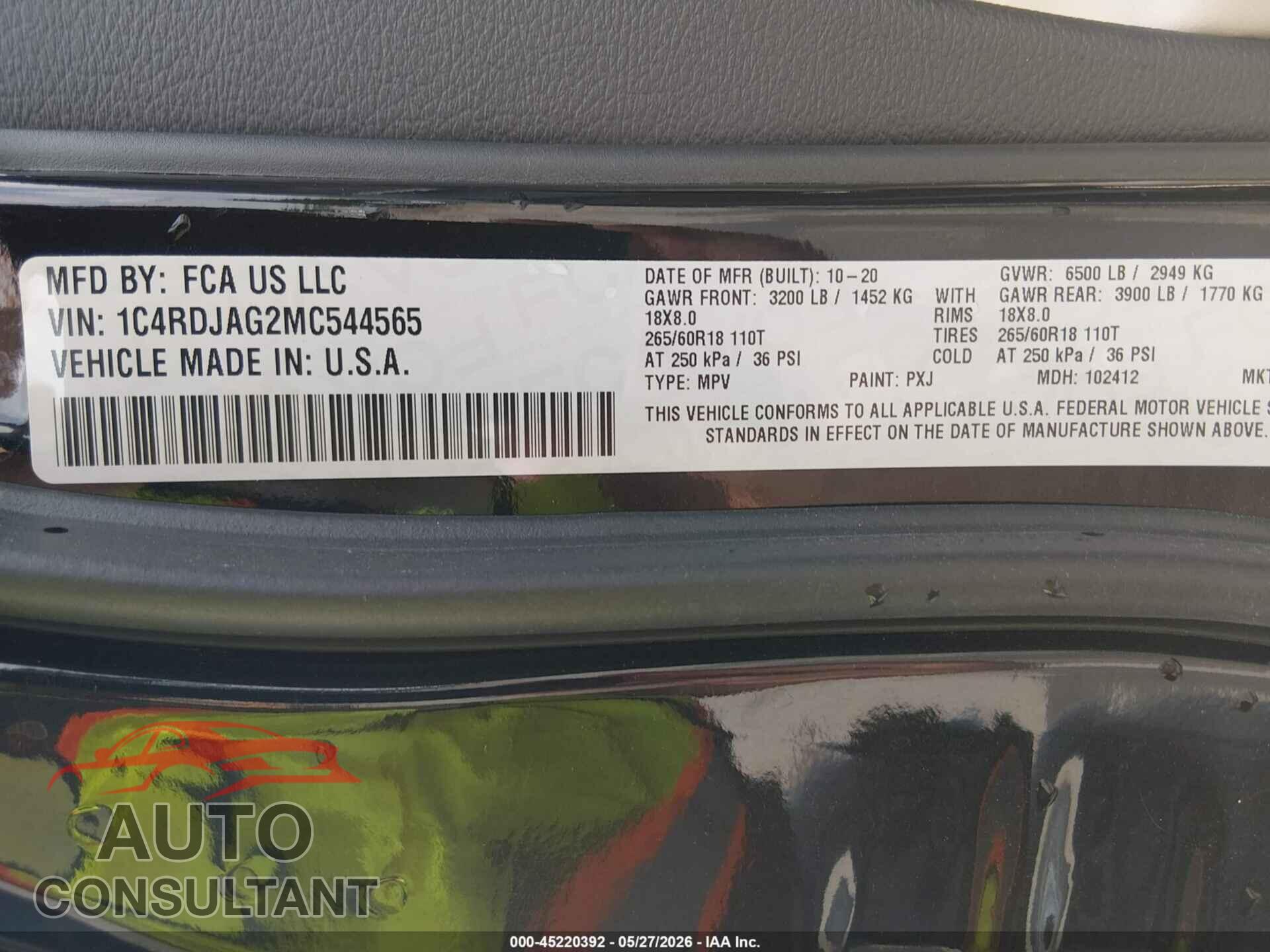 DODGE DURANGO 2021 - 1C4RDJAG2MC544565