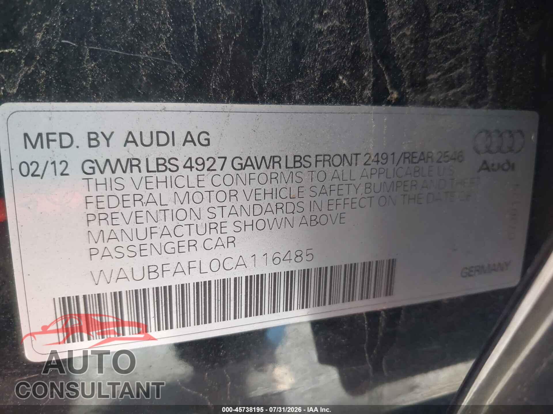 AUDI A4 2012 - WAUBFAFL0CA116485