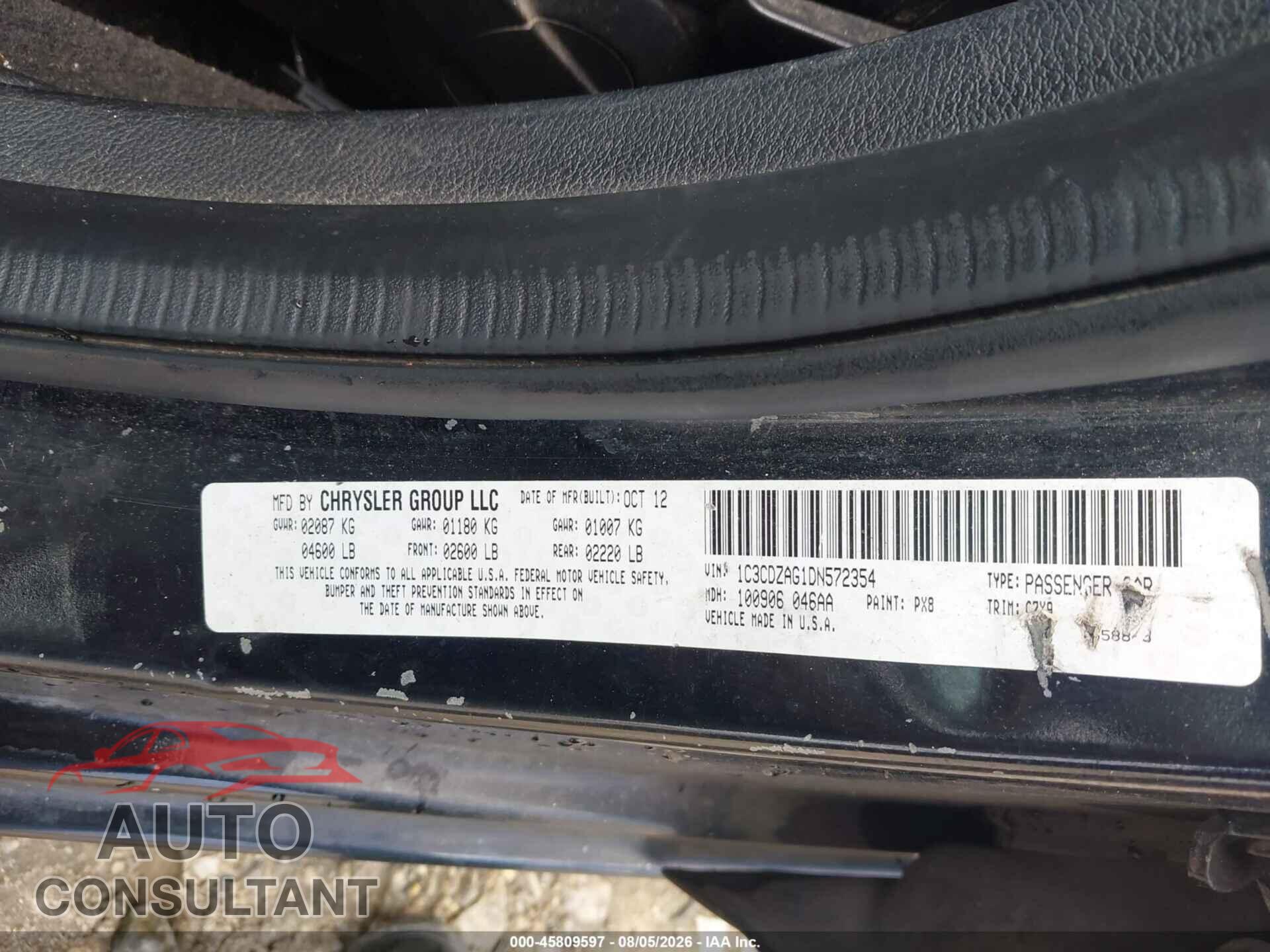 DODGE AVENGER 2013 - 1C3CDZAG1DN572354