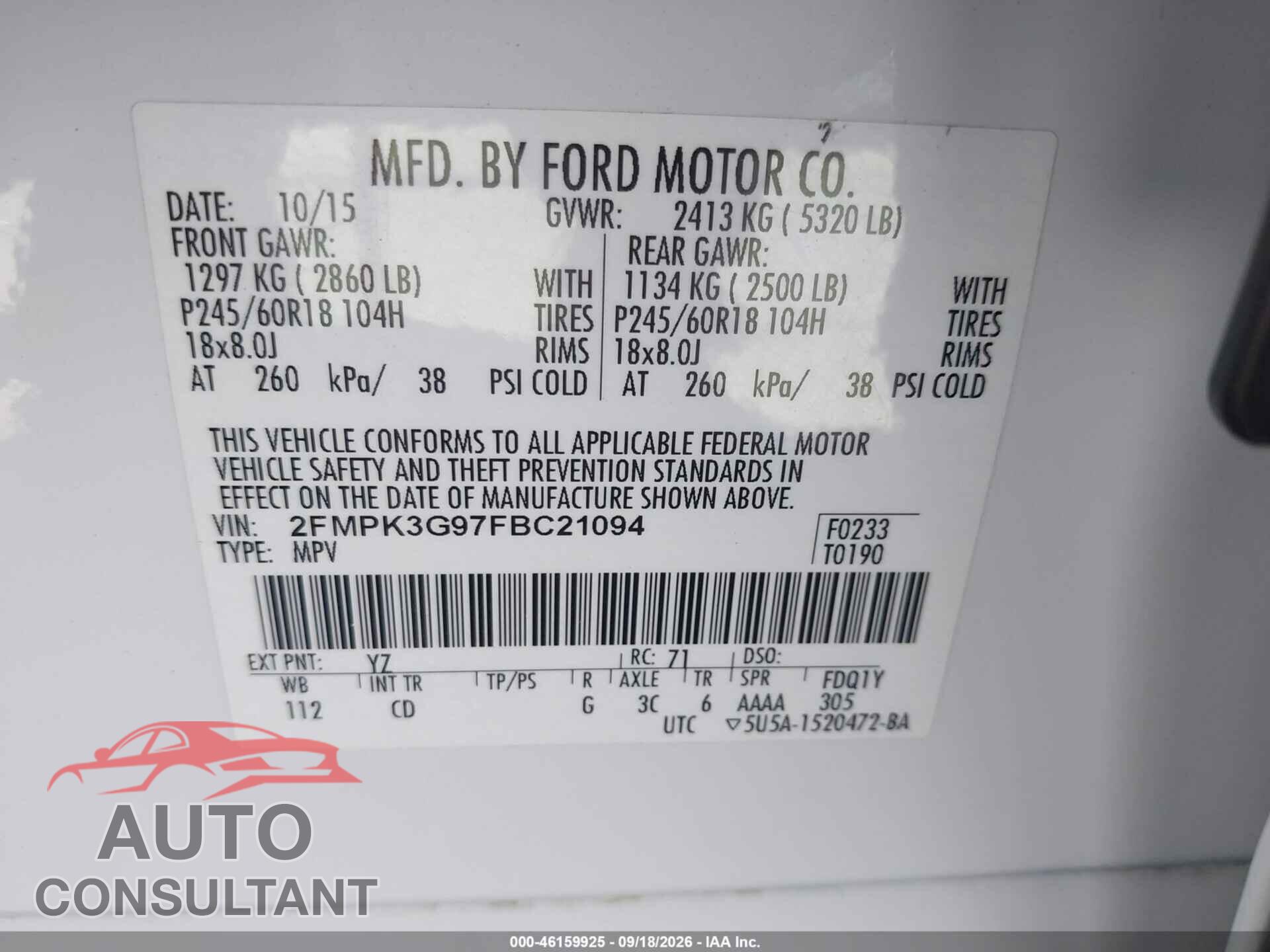 FORD EDGE 2015 - 2FMPK3G97FBC21094