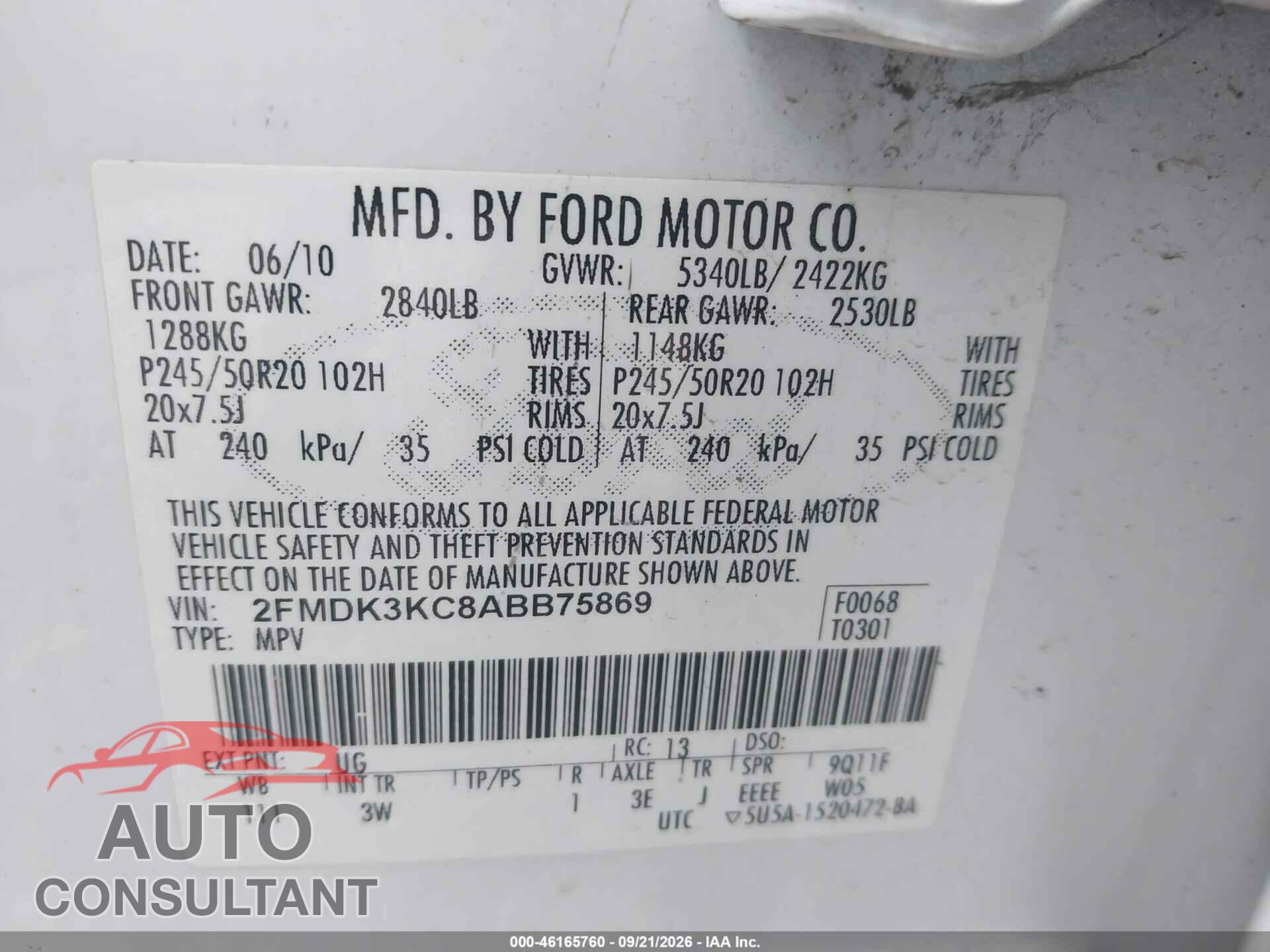 FORD EDGE 2010 - 2FMDK3KC8ABB75869