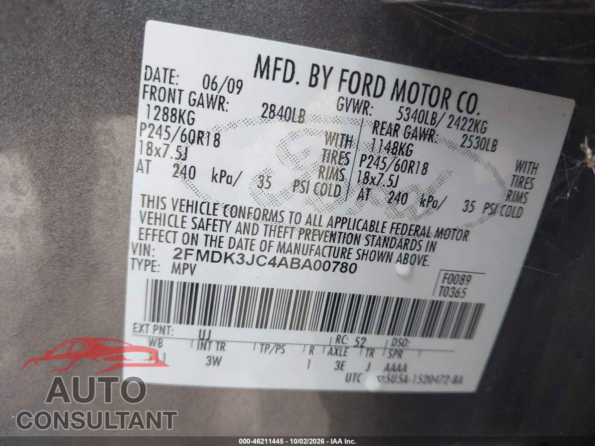 FORD EDGE 2010 - 2FMDK3JC4ABA00780