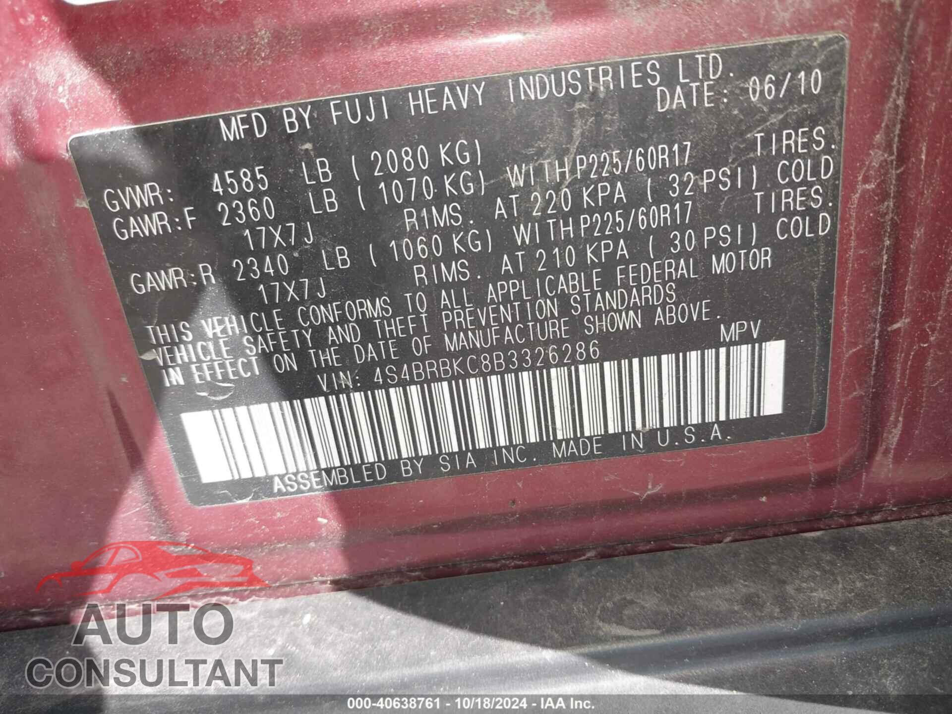 SUBARU OUTBACK 2011 - 4S4BRBKC8B3326286
