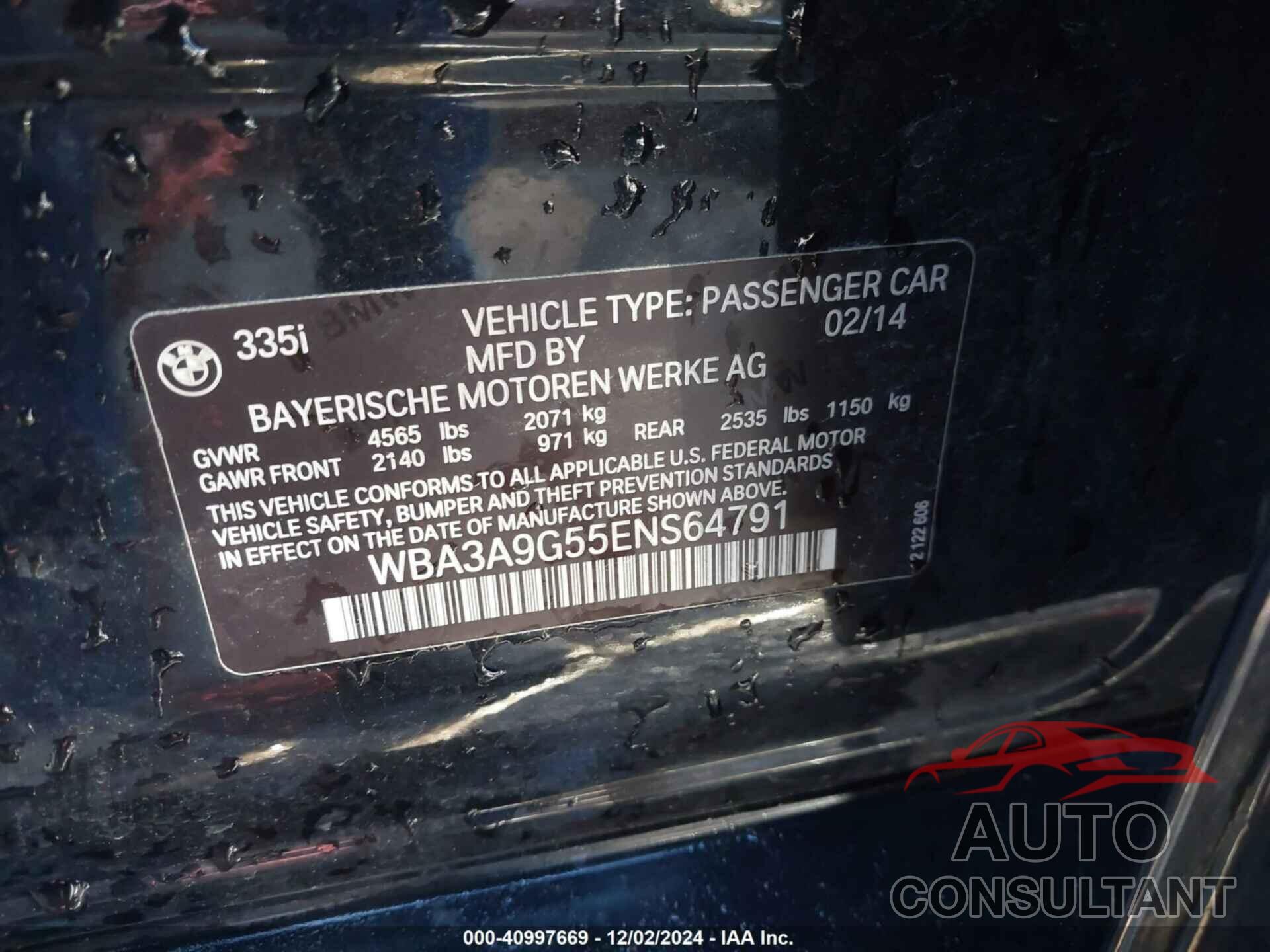 BMW 335I 2014 - WBA3A9G55ENS64791