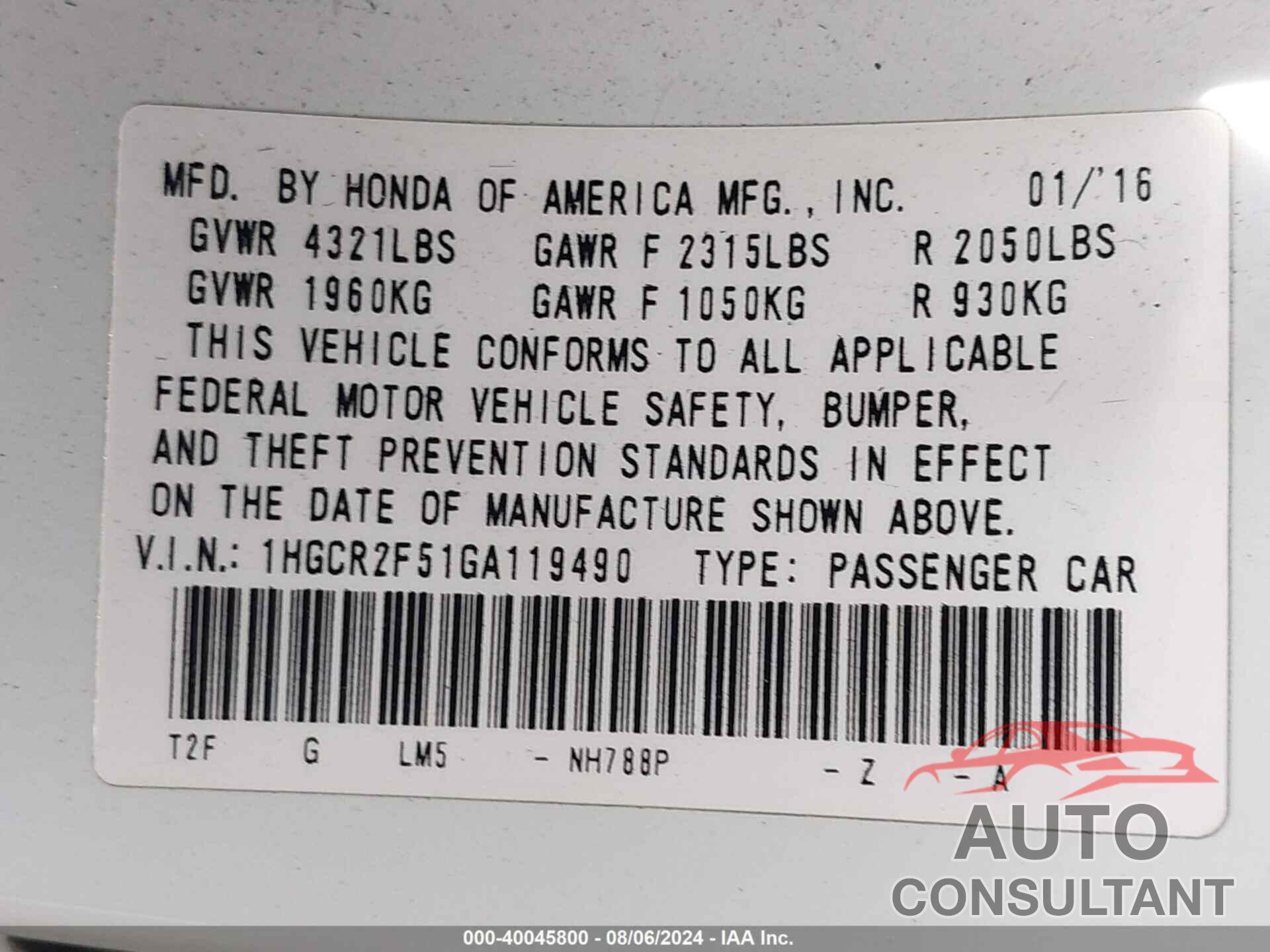 HONDA ACCORD 2016 - 1HGCR2F51GA119490