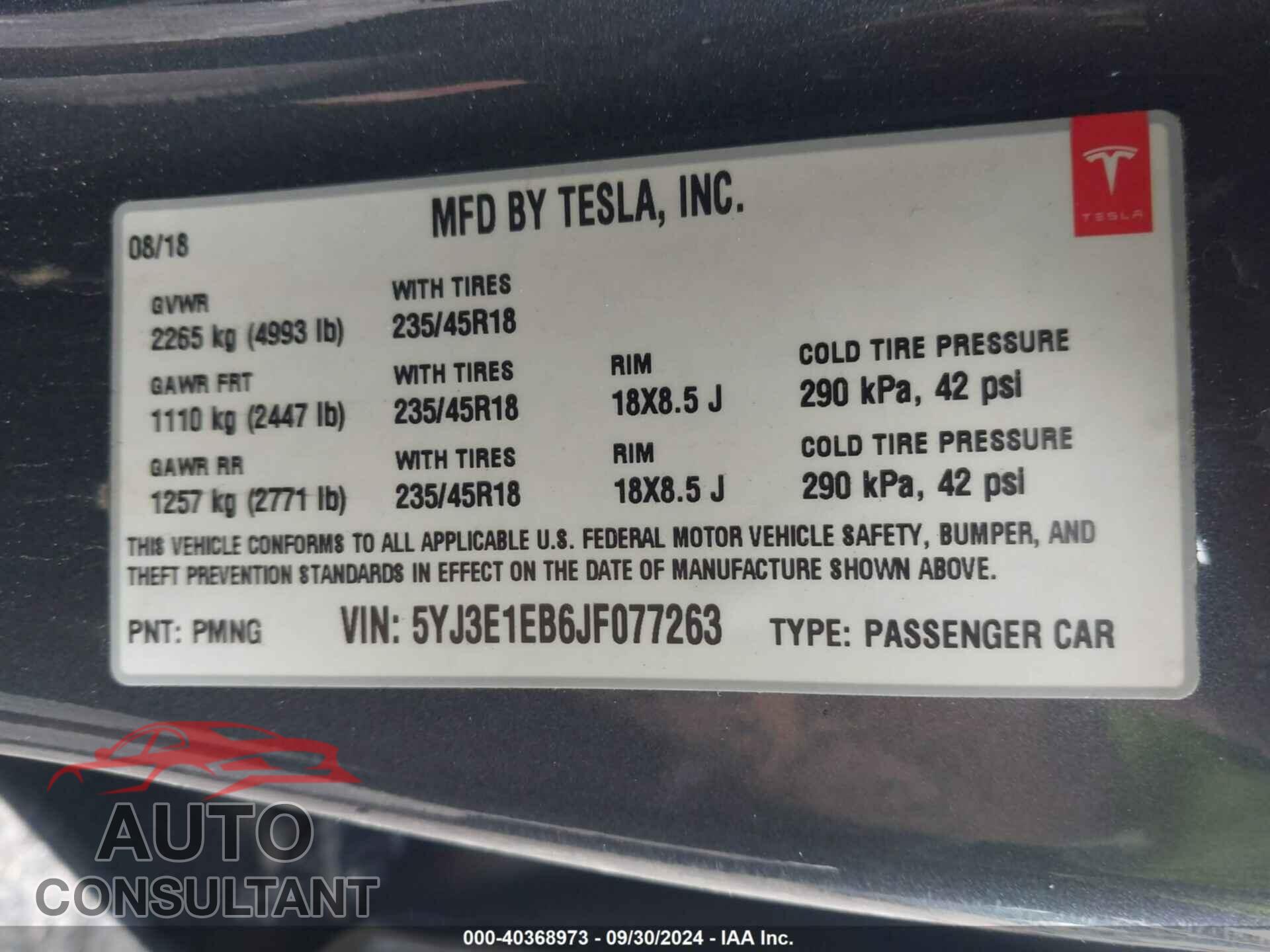 TESLA MODEL 3 2018 - 5YJ3E1EB6JF077263