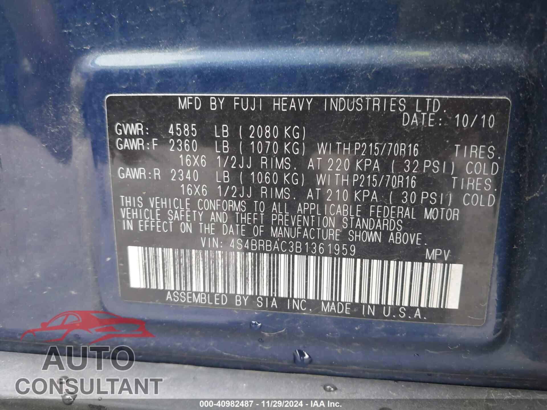 SUBARU OUTBACK 2011 - 4S4BRBAC3B1361959