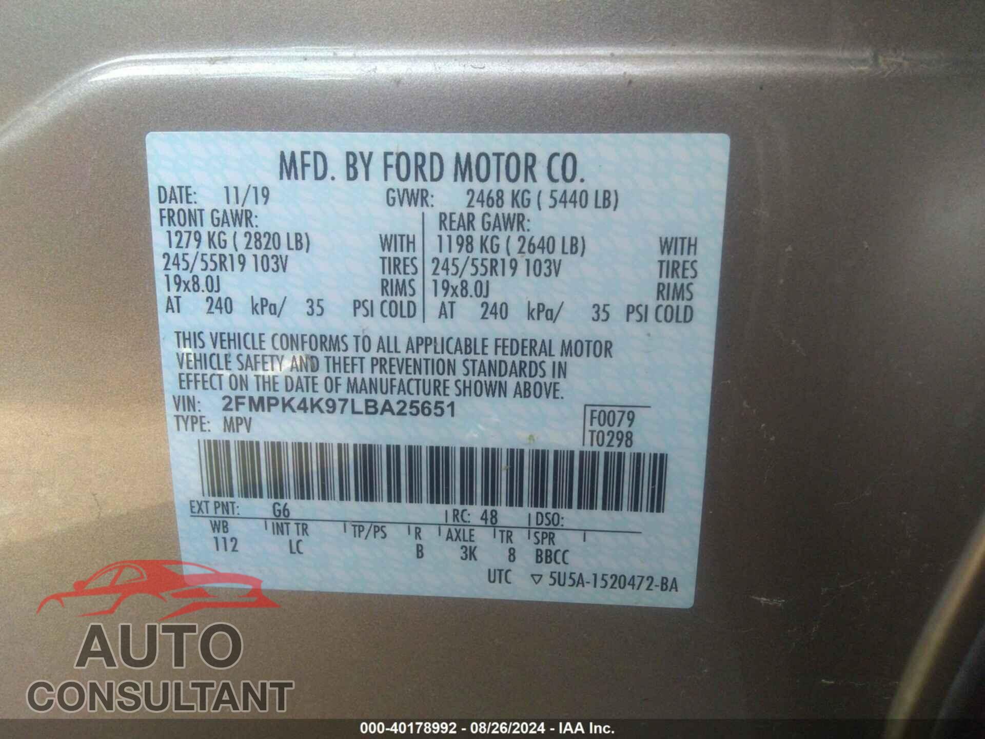 FORD EDGE 2020 - 2FMPK4K97LBA25651