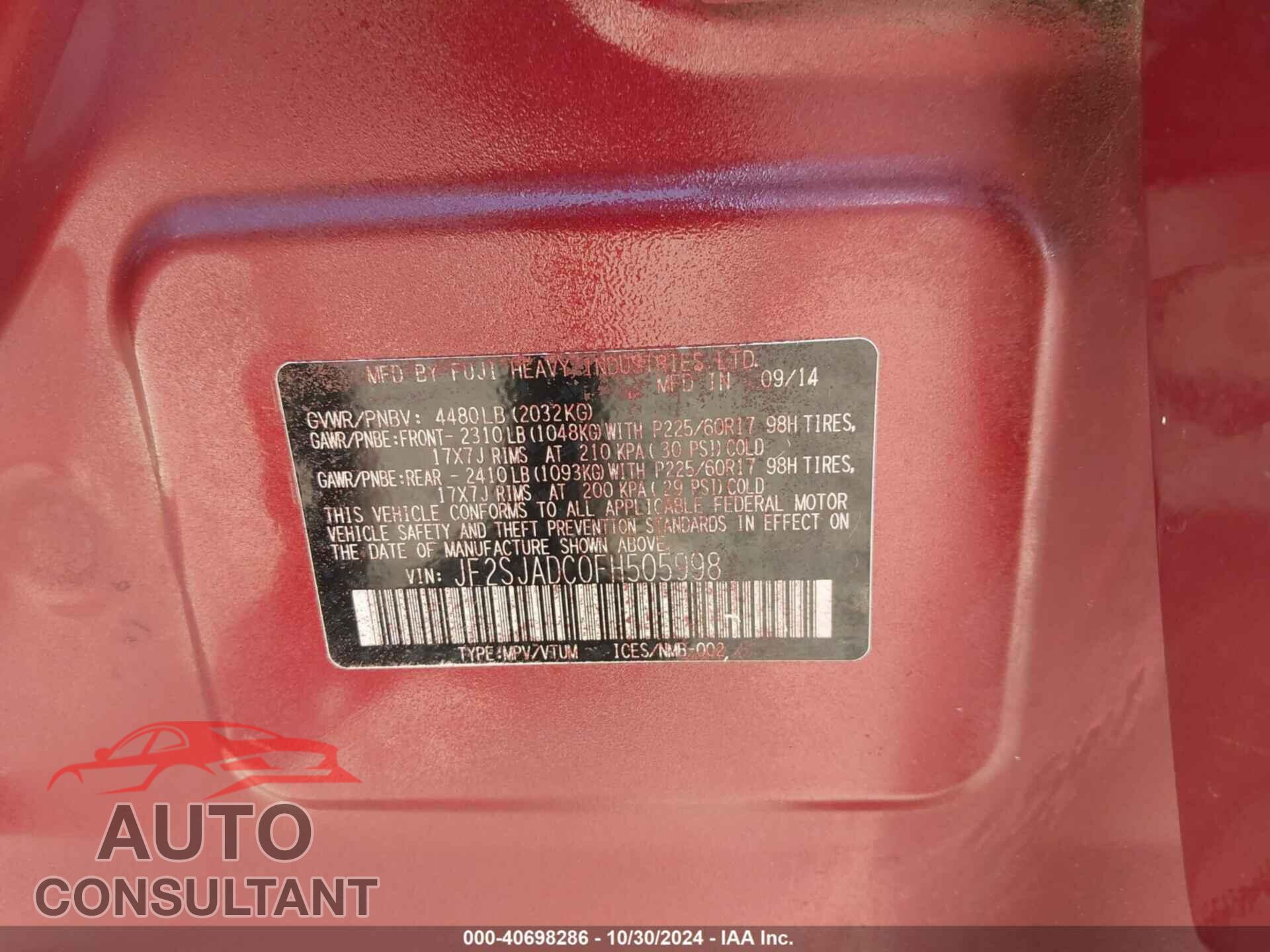 SUBARU FORESTER 2015 - JF2SJADC0FH505998