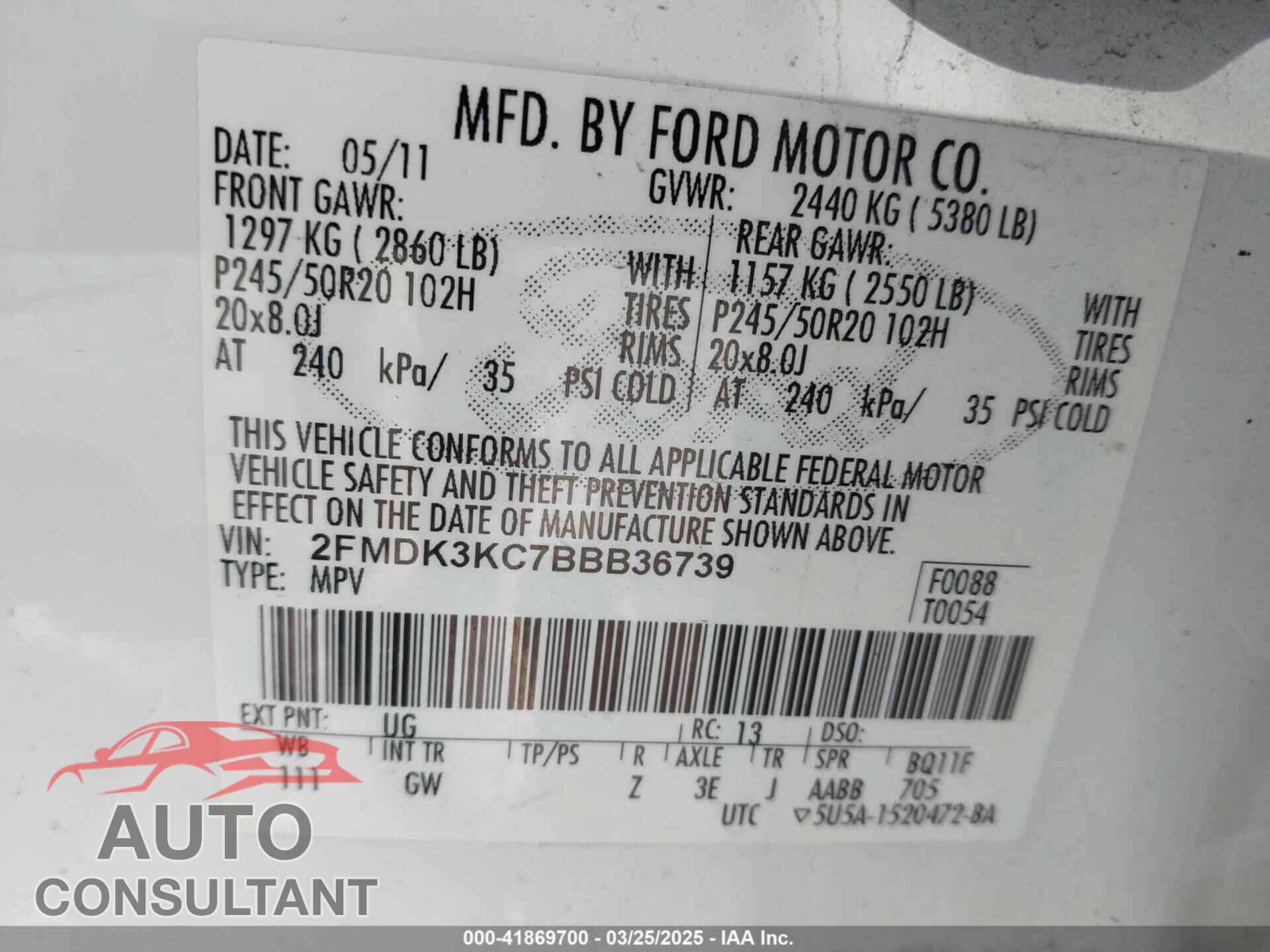 FORD EDGE 2011 - 2FMDK3KC7BBB36739