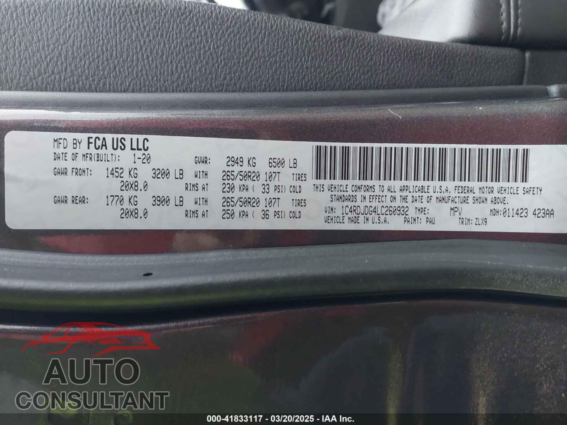 DODGE DURANGO 2020 - 1C4RDJDG4LC260932
