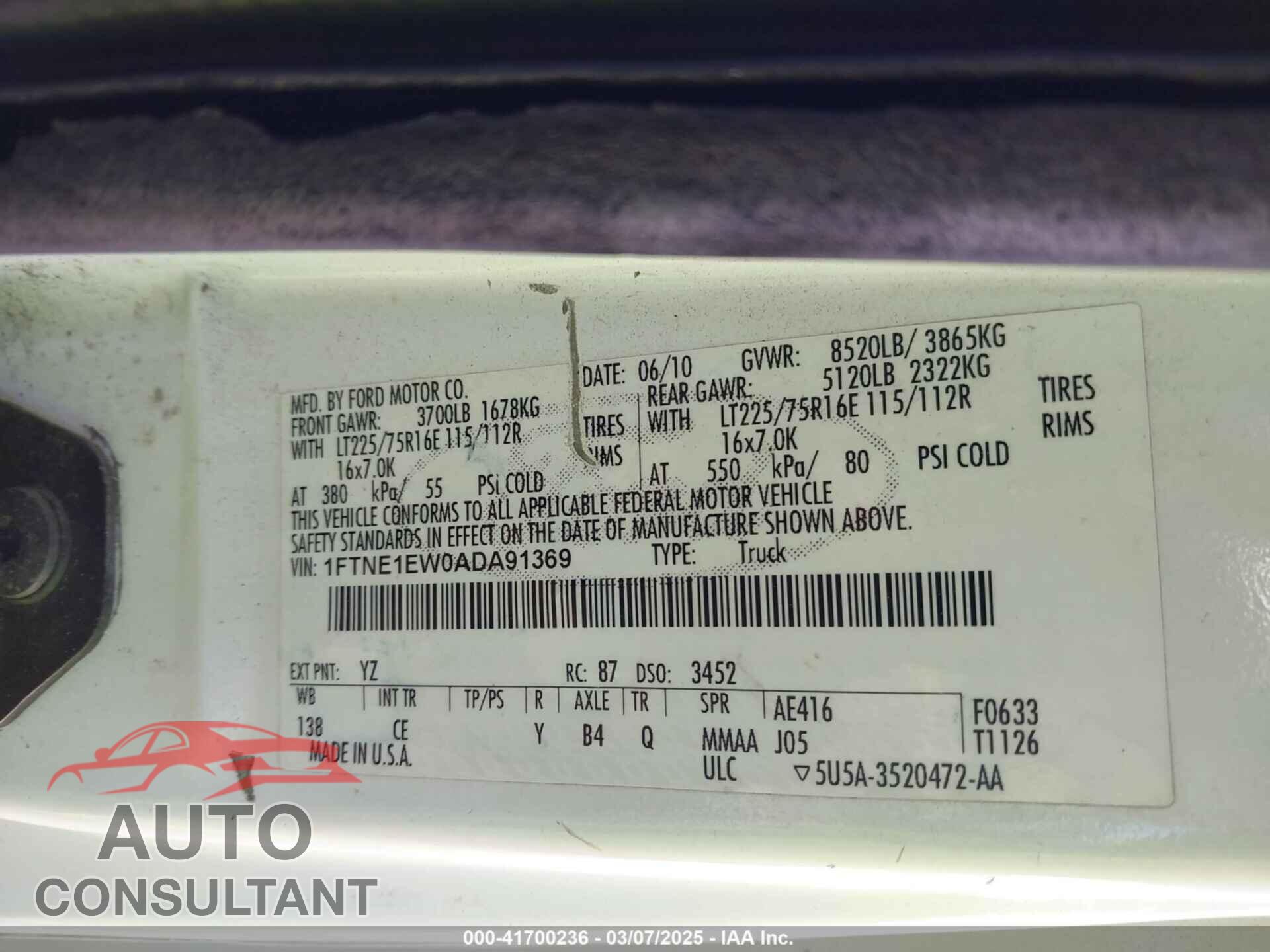 FORD E-150 2010 - 1FTNE1EW0ADA91369