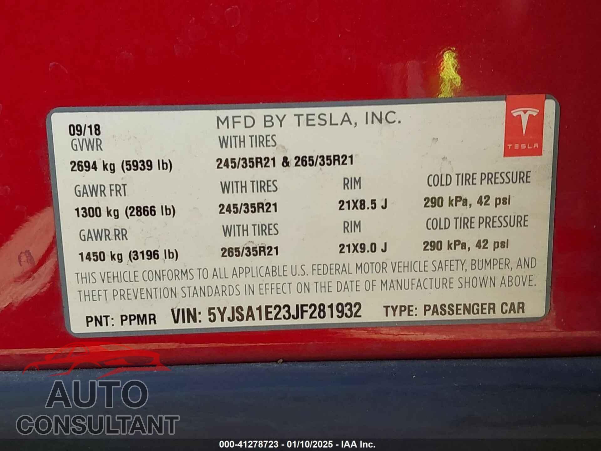 TESLA MODEL S 2018 - 5YJSA1E23JF281932
