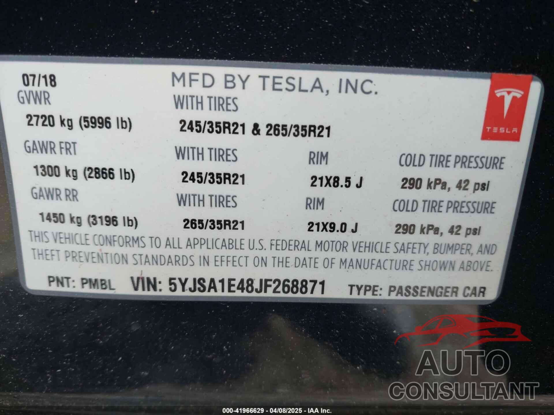 TESLA MODEL S 2018 - 5YJSA1E48JF268871