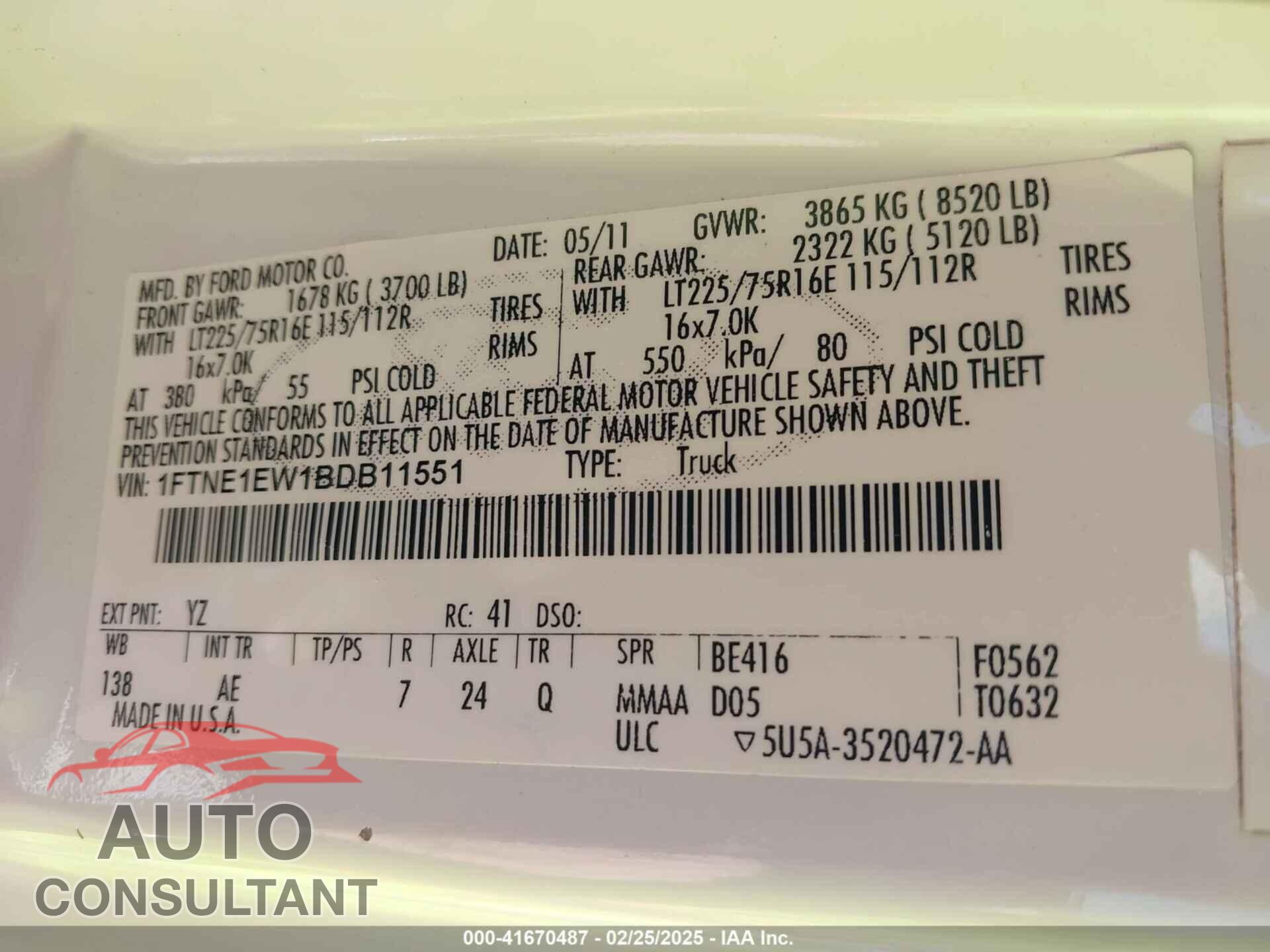 FORD E-150 2011 - 1FTNE1EW1BDB11551
