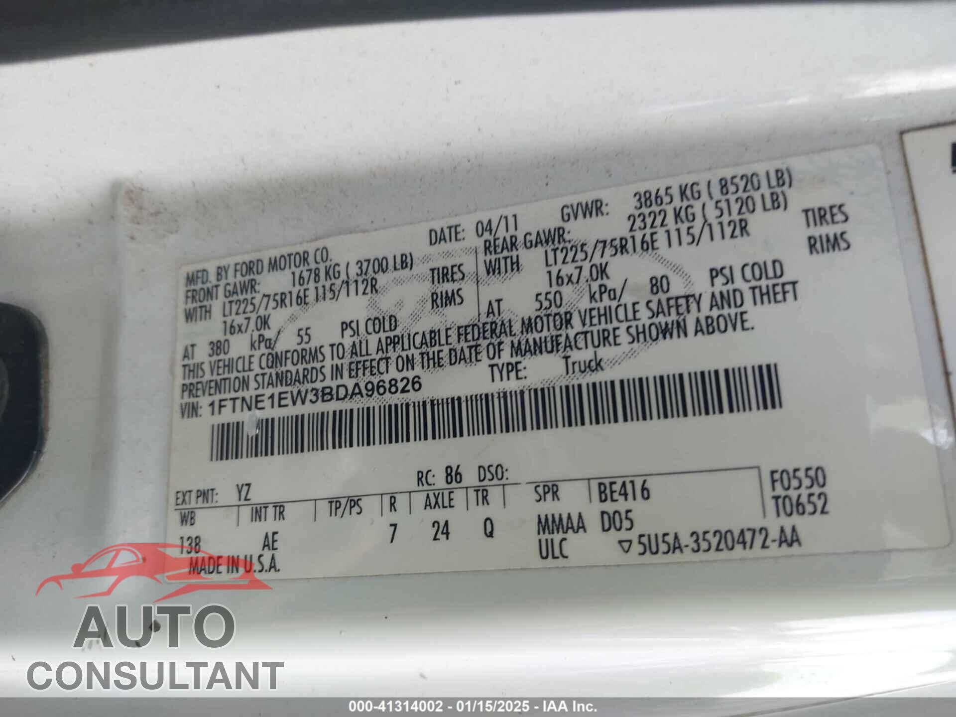 FORD E-150 2011 - 1FTNE1EW3BDA96826
