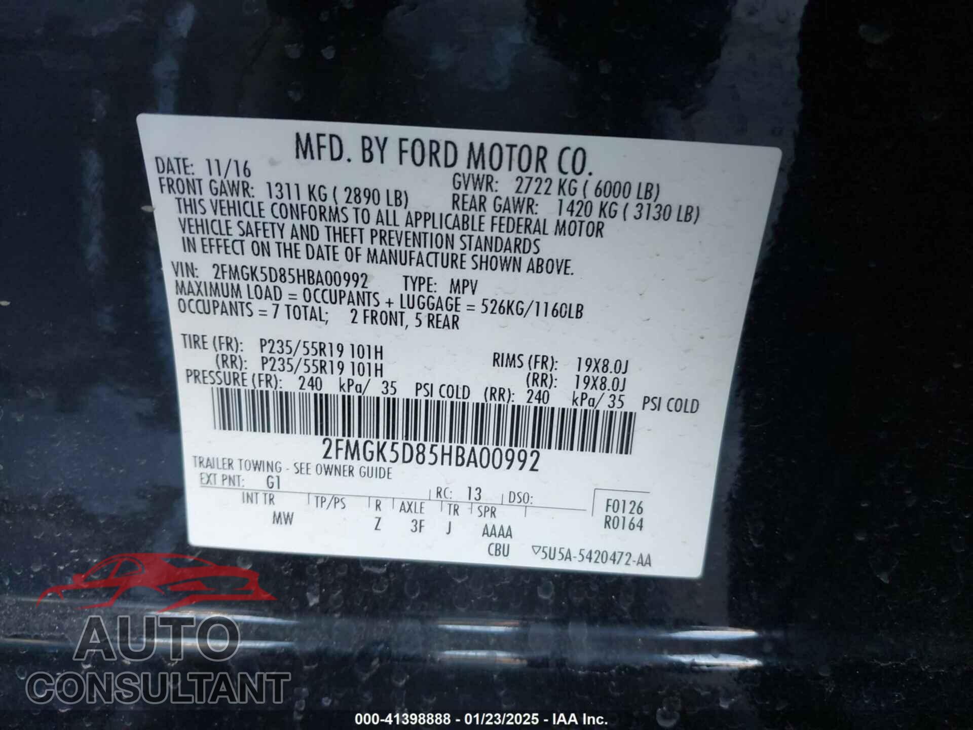 FORD FLEX 2017 - 2FMGK5D85HBA00992