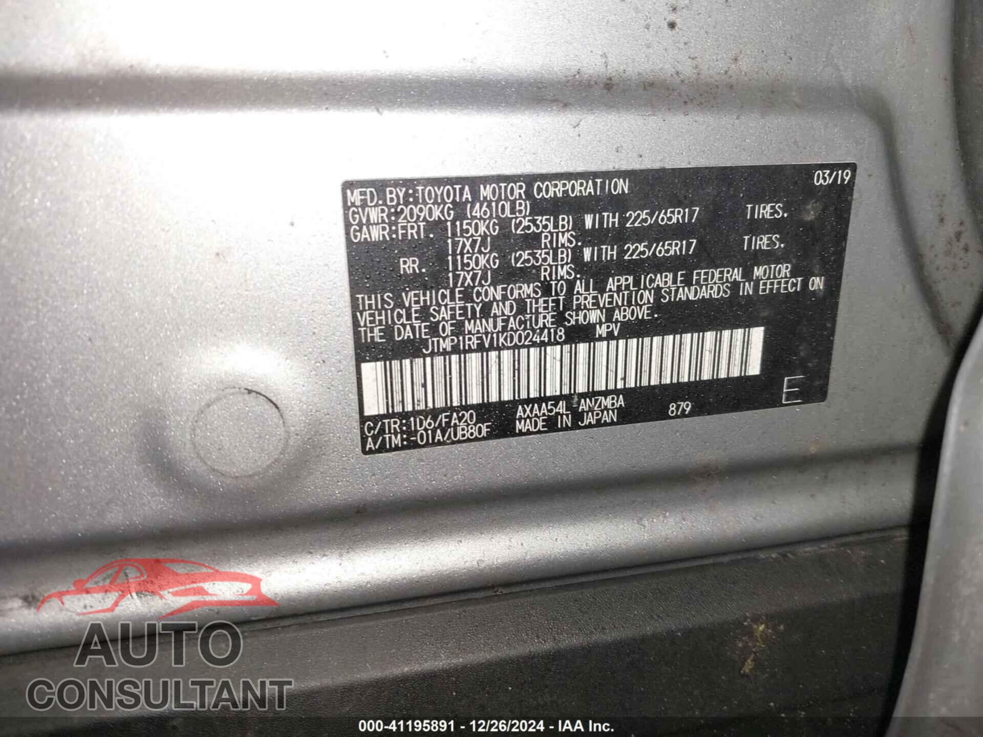 TOYOTA RAV4 2019 - JTMP1RFV1KD024418