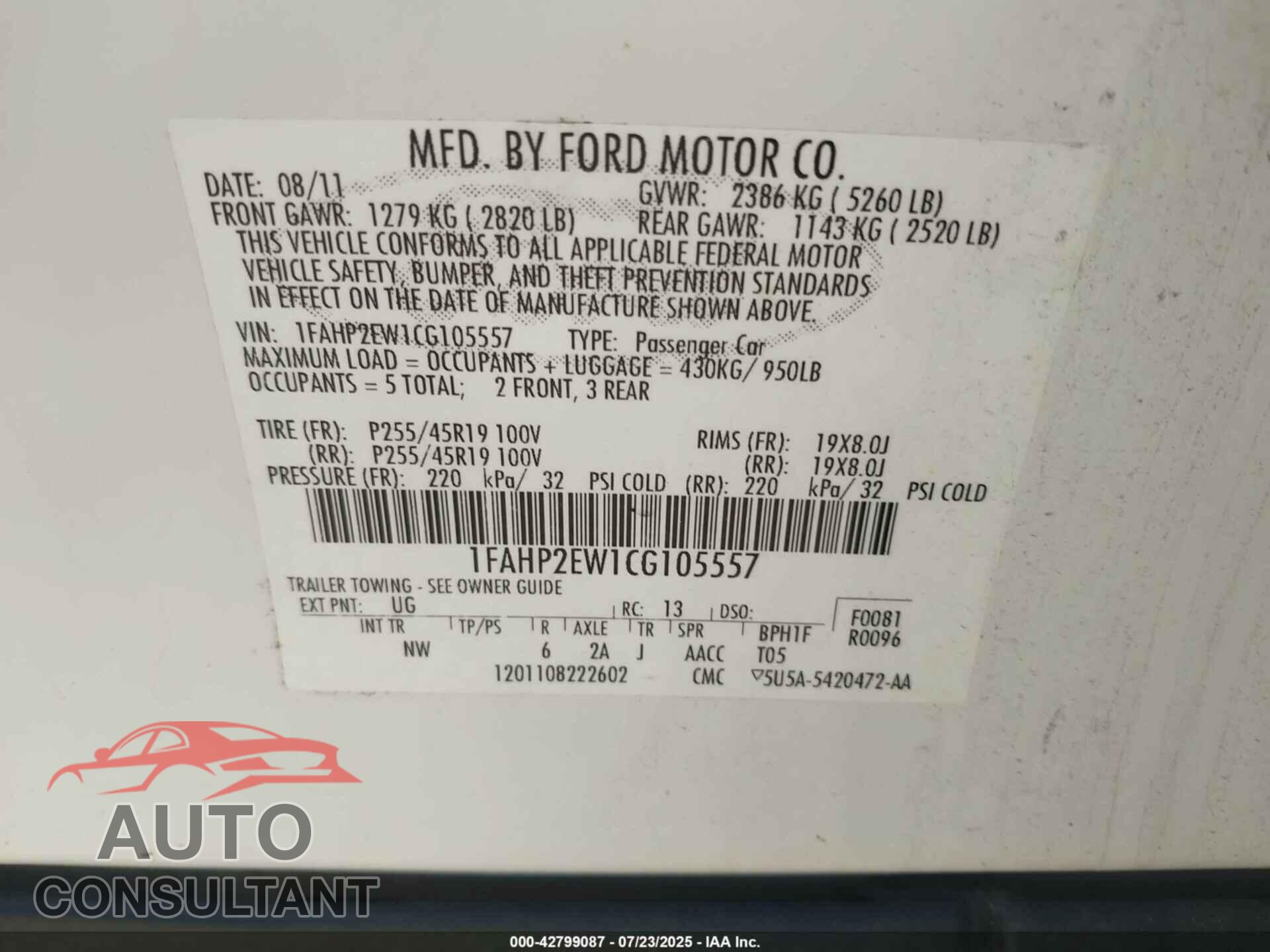 FORD TAURUS 2012 - 1FAHP2EW1CG105557
