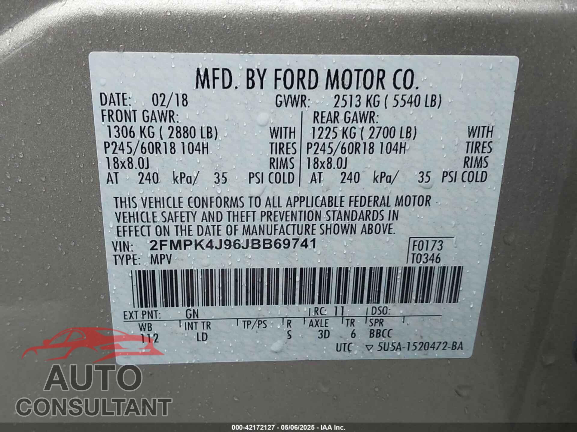 FORD EDGE 2018 - 2FMPK4J96JBB69741