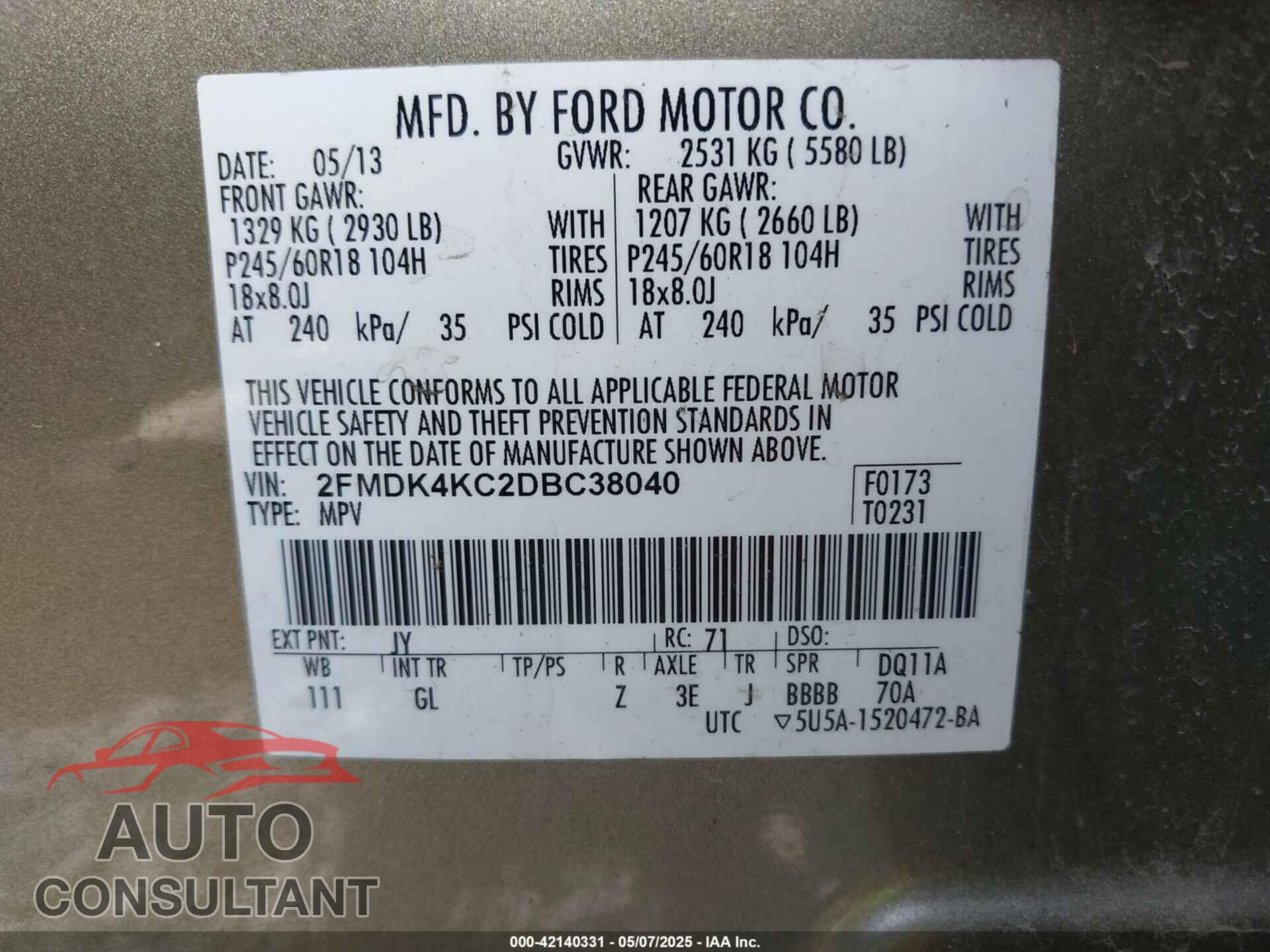 FORD EDGE 2013 - 2FMDK4KC2DBC38040