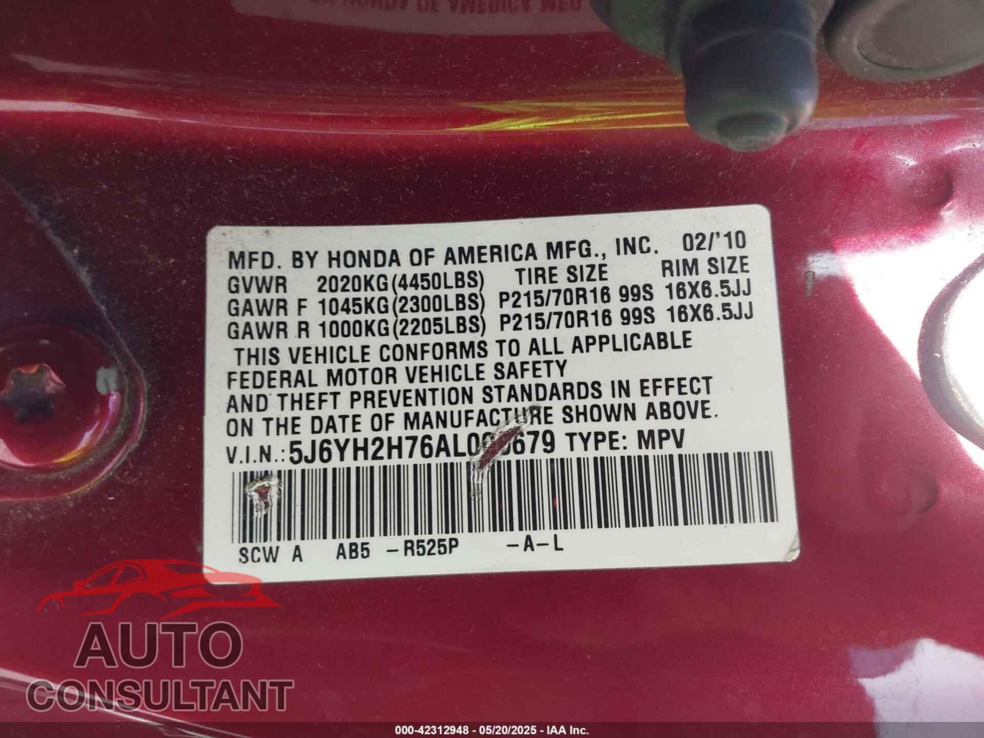 HONDA ELEMENT 2010 - 5J6YH2H76AL003679