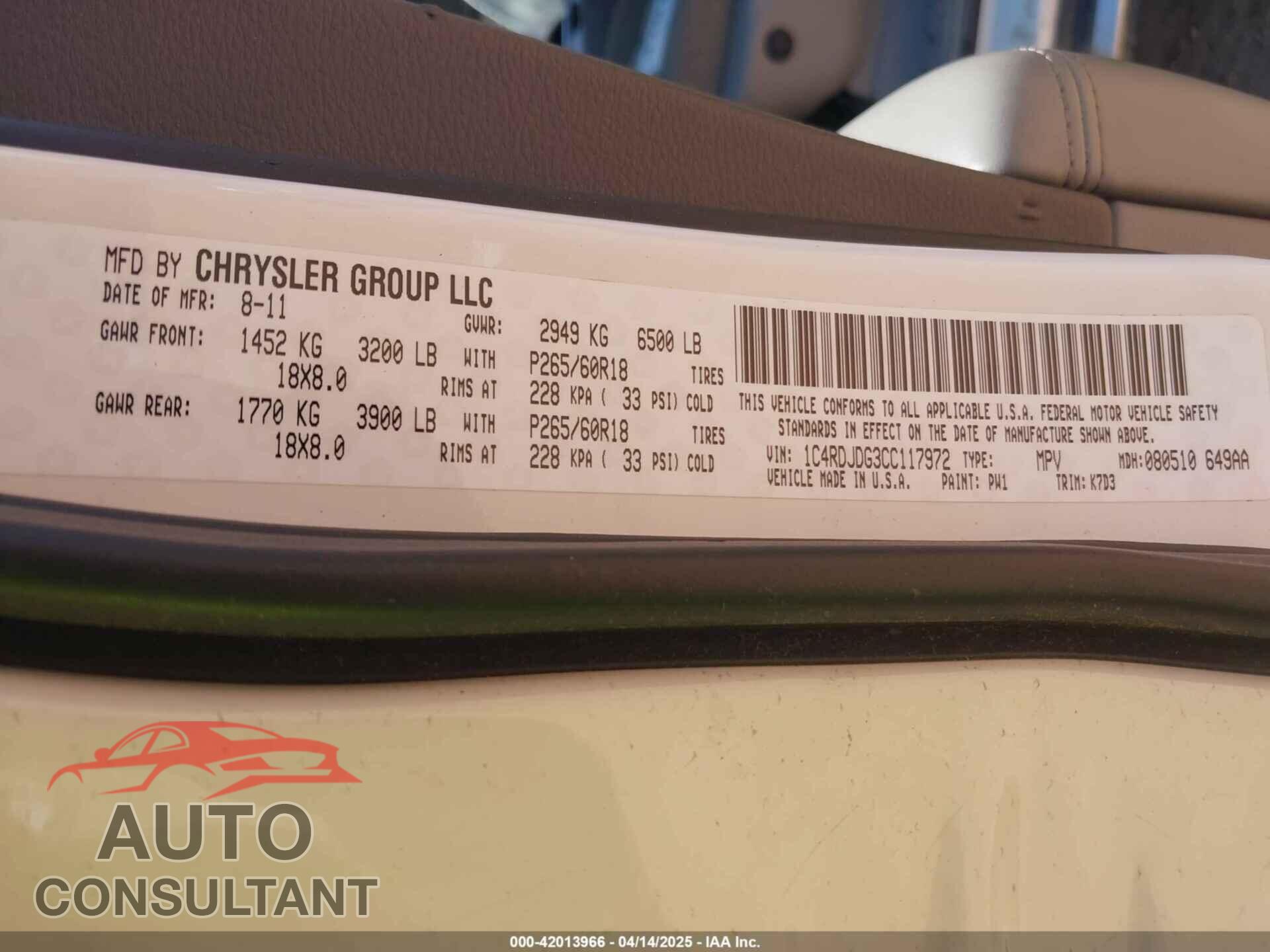 DODGE DURANGO 2012 - 1C4RDJDG3CC117972