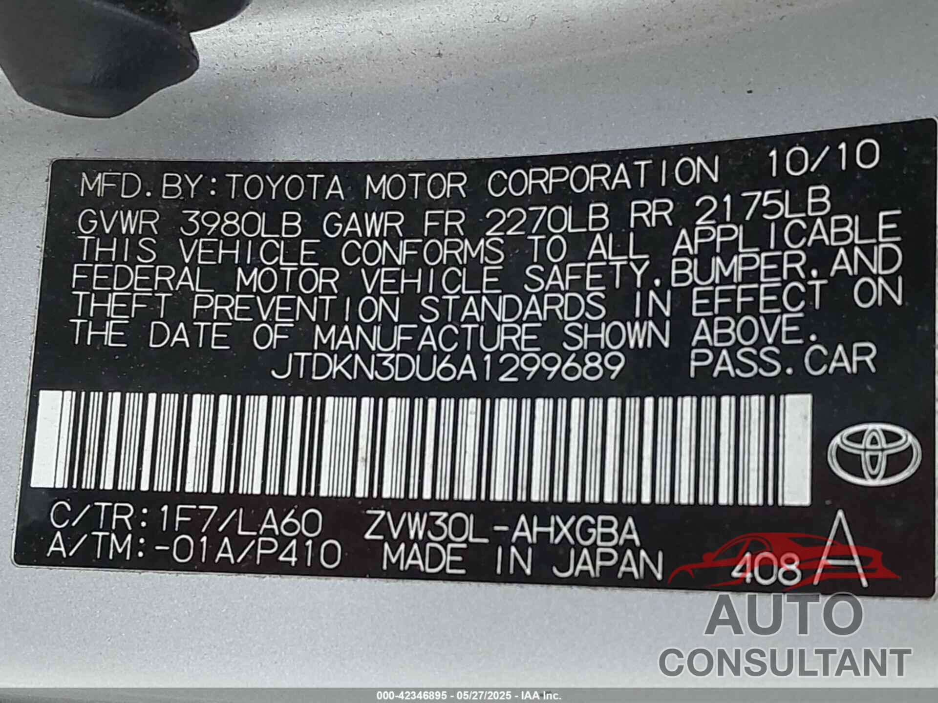TOYOTA PRIUS 2010 - JTDKN3DU6A1299689