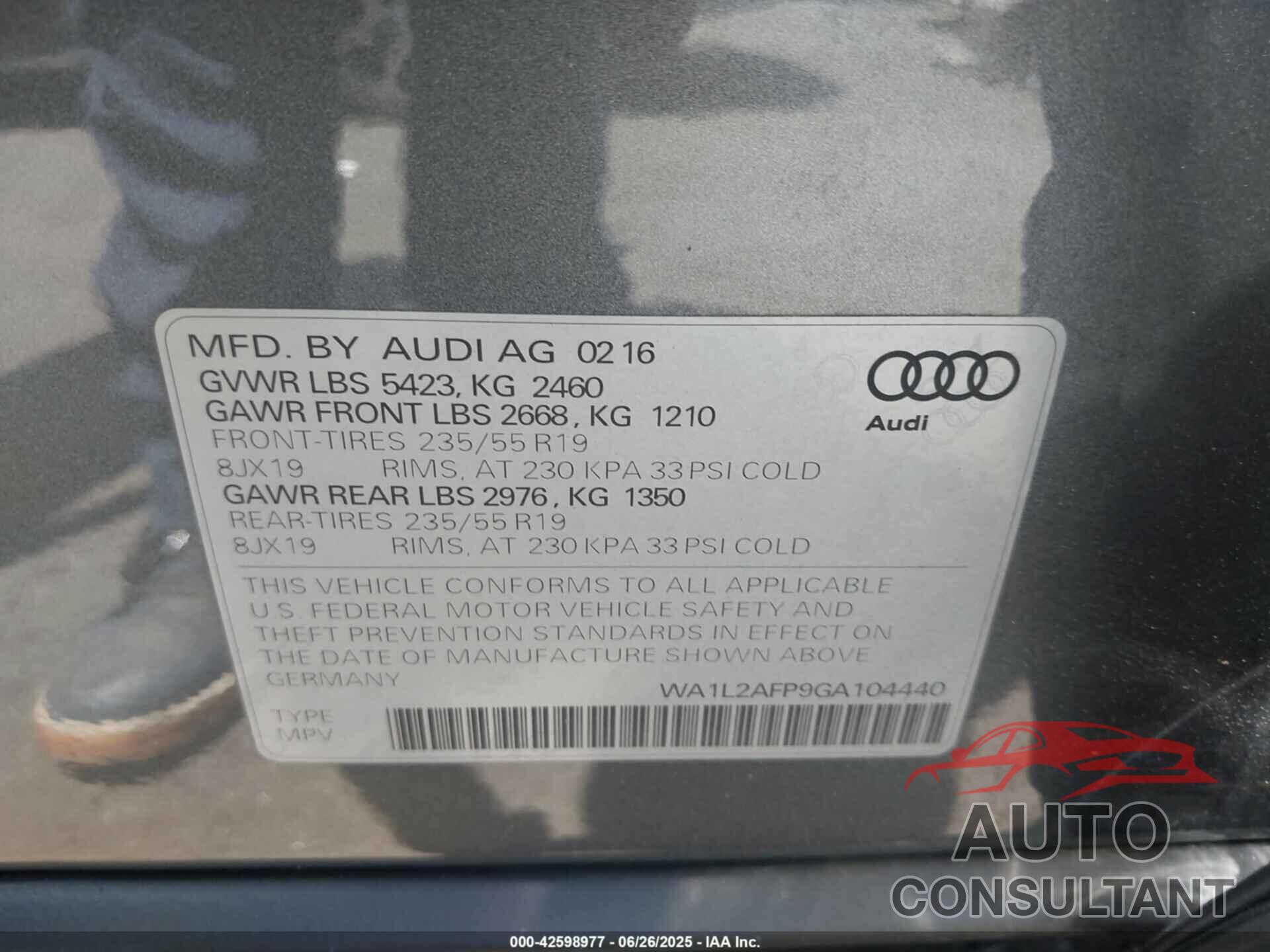 AUDI Q5 2016 - WA1L2AFP9GA104440