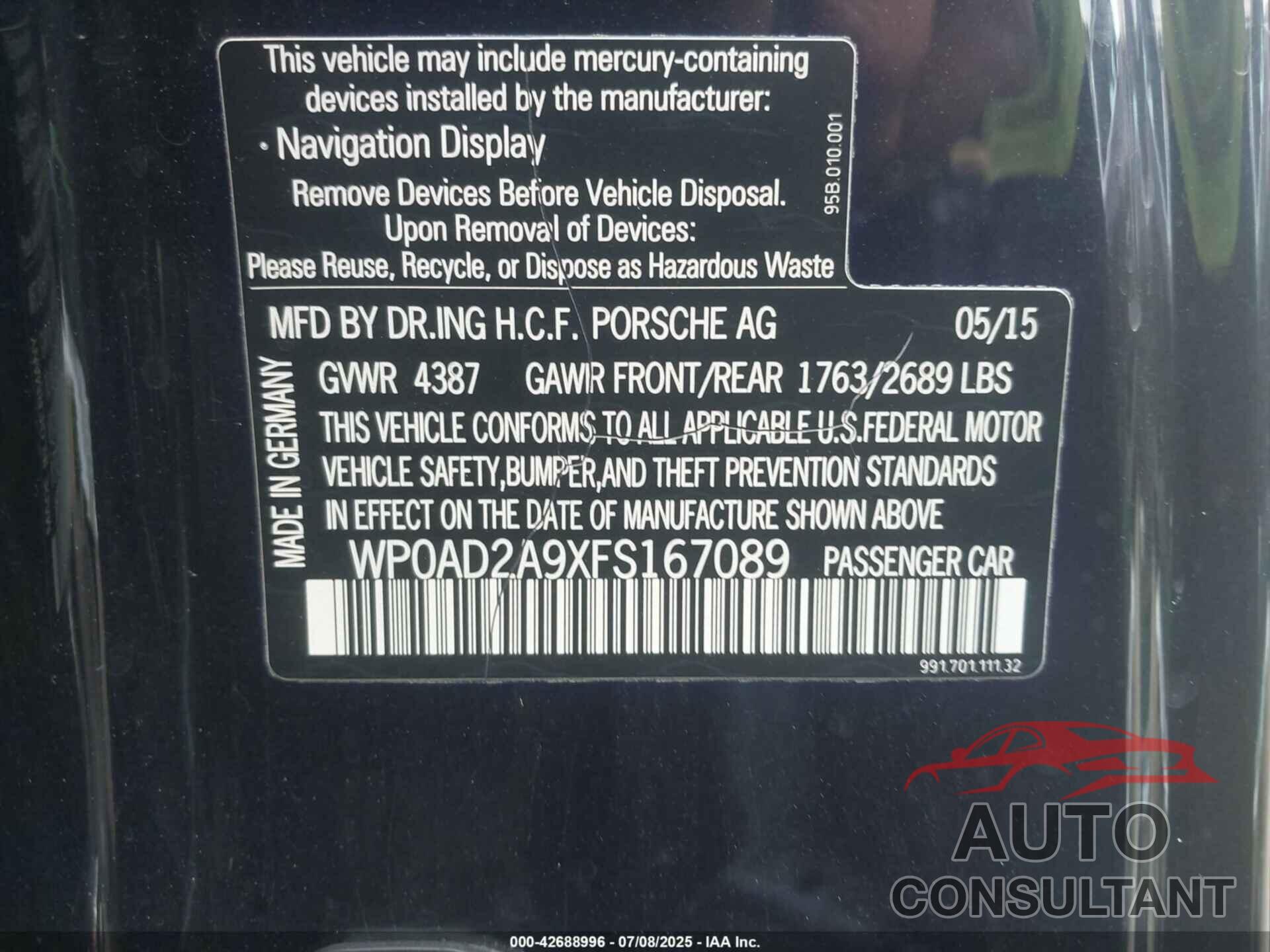 PORSCHE 911 2015 - WP0AD2A9XFS167089