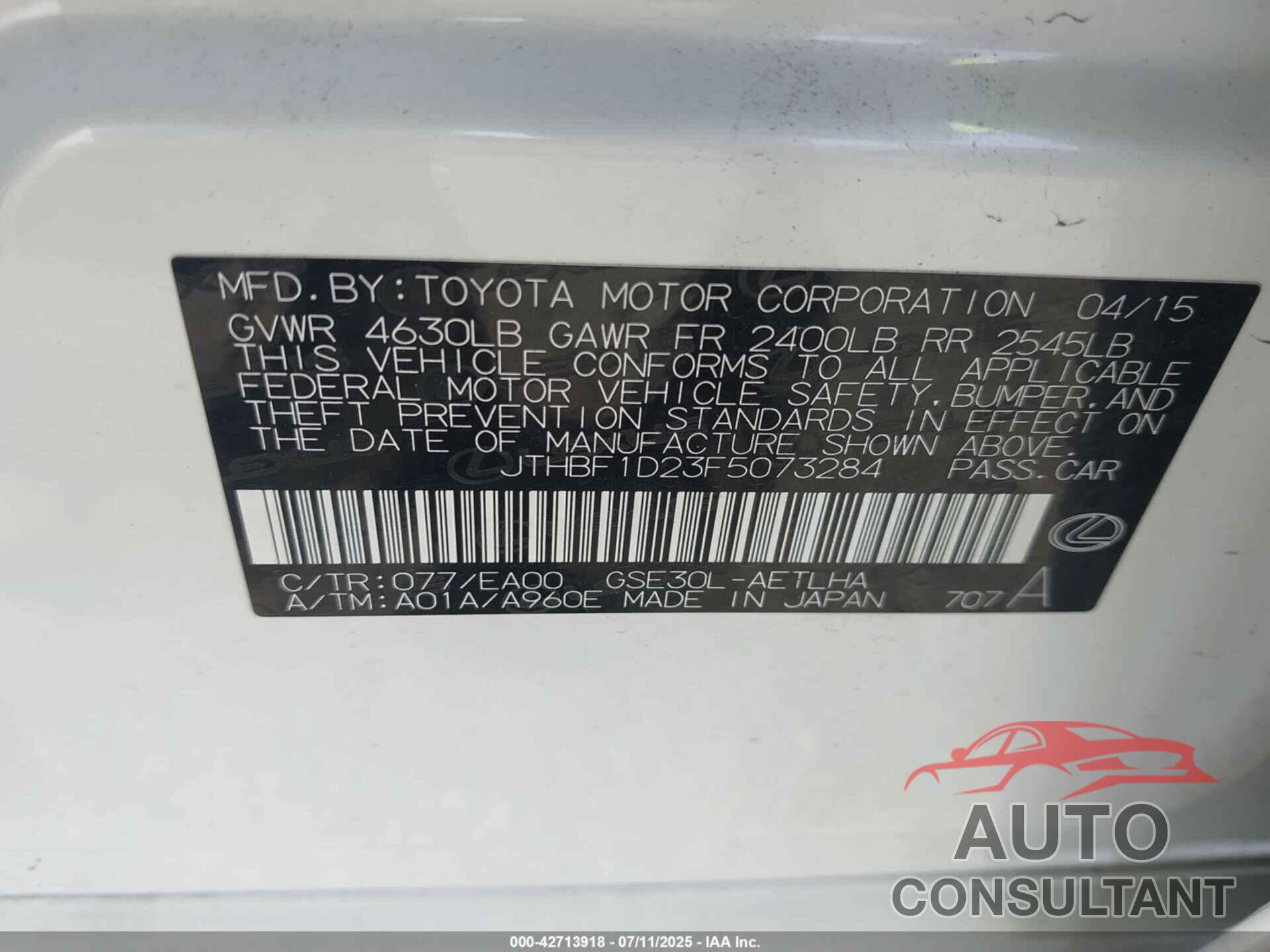 LEXUS IS 250 2015 - JTHBF1D23F5073284