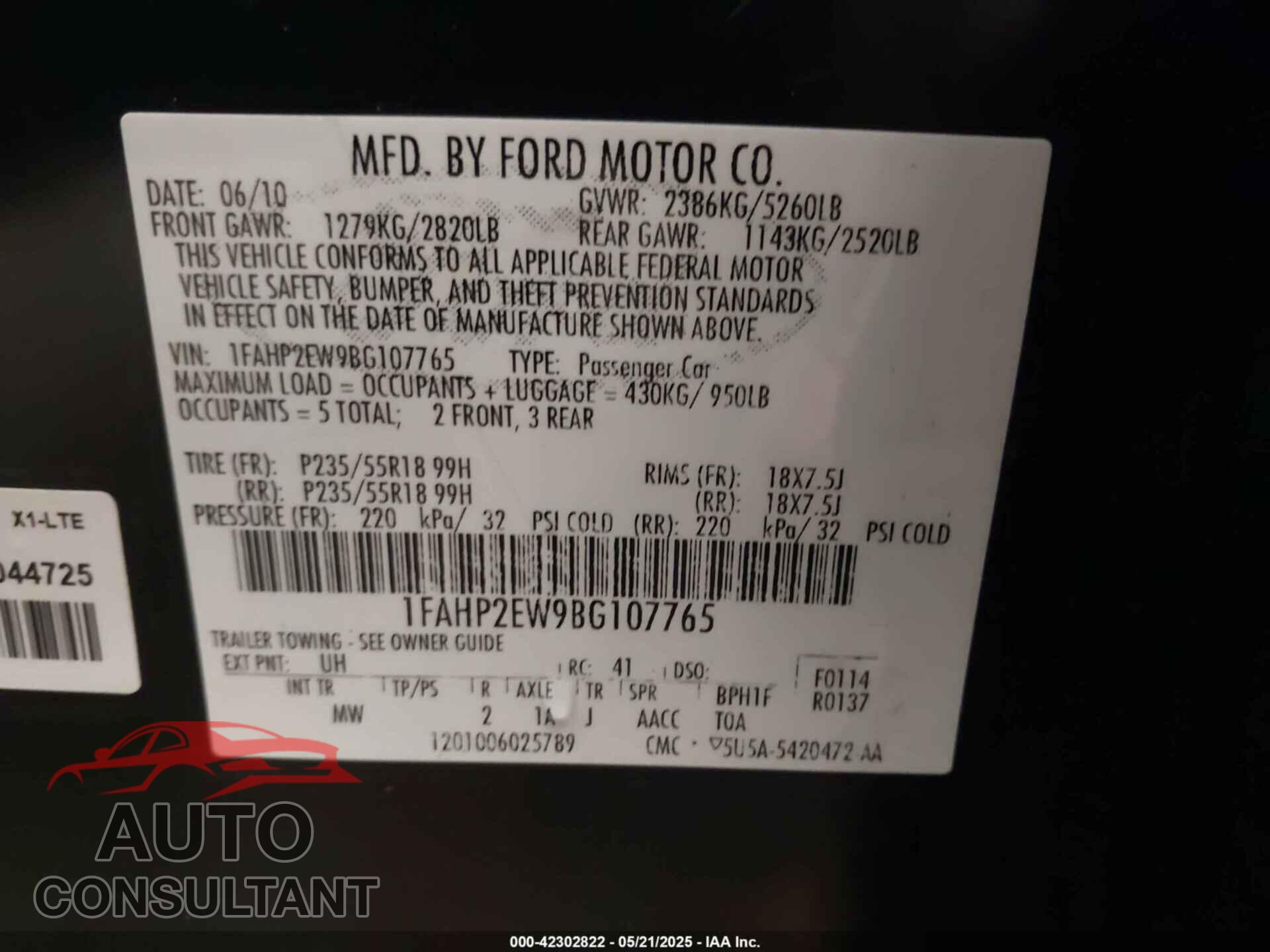 FORD TAURUS 2011 - 1FAHP2EW9BG107765