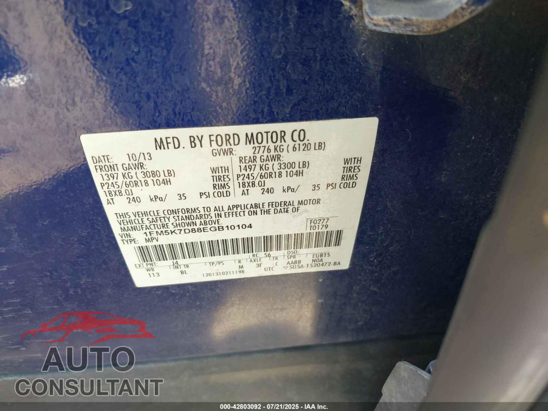 FORD EXPLORER 2014 - 1FM5K7D88EGB10104