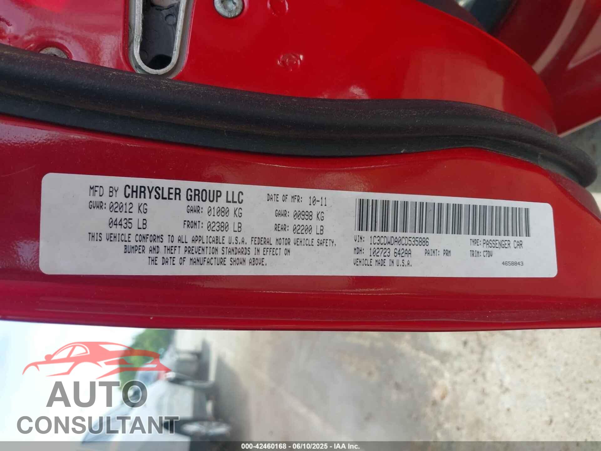 DODGE CALIBER 2012 - 1C3CDWDA0CD535886