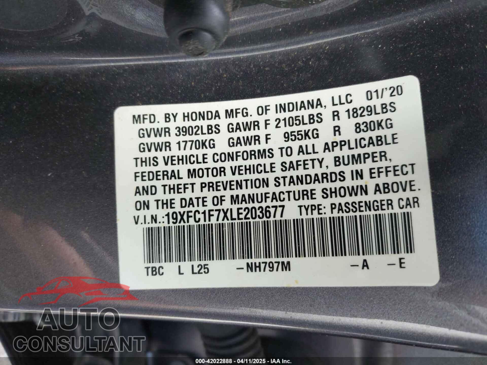 HONDA CIVIC 2020 - 19XFC1F7XLE203677