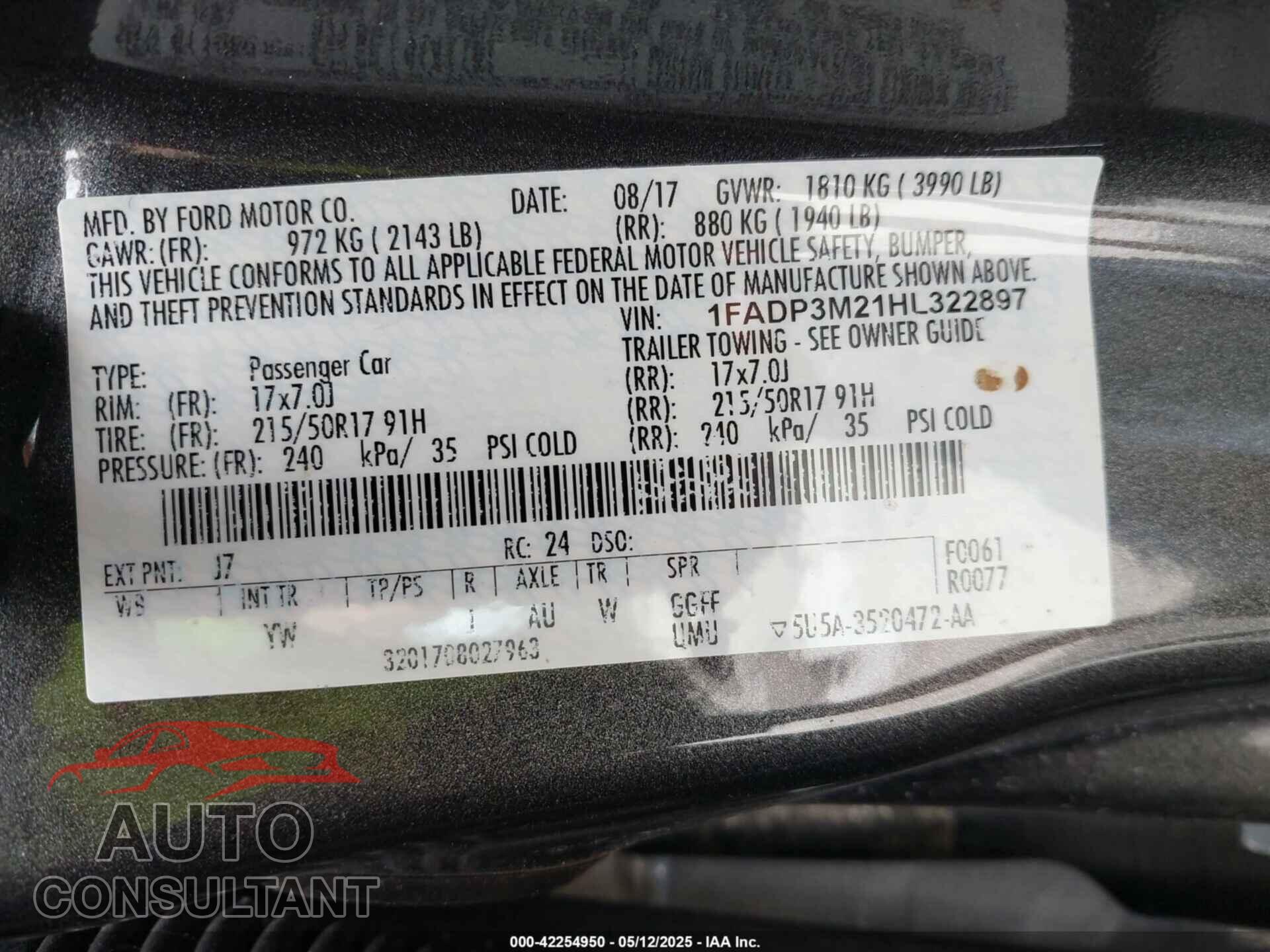 FORD FOCUS 2017 - 1FADP3M21HL322897