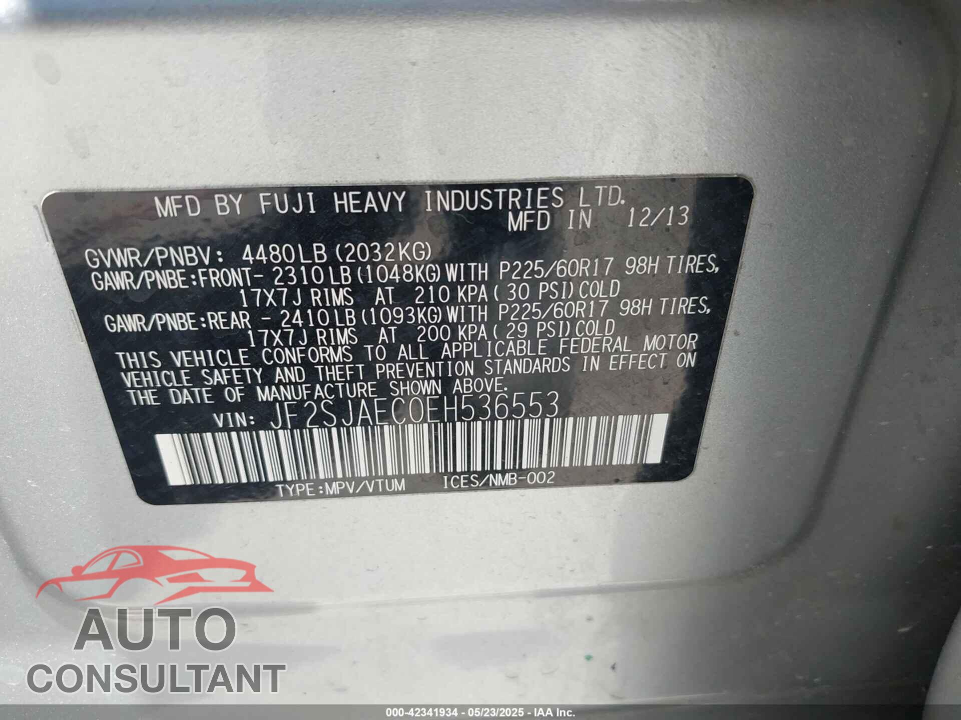 SUBARU FORESTER 2014 - JF2SJAEC0EH536553