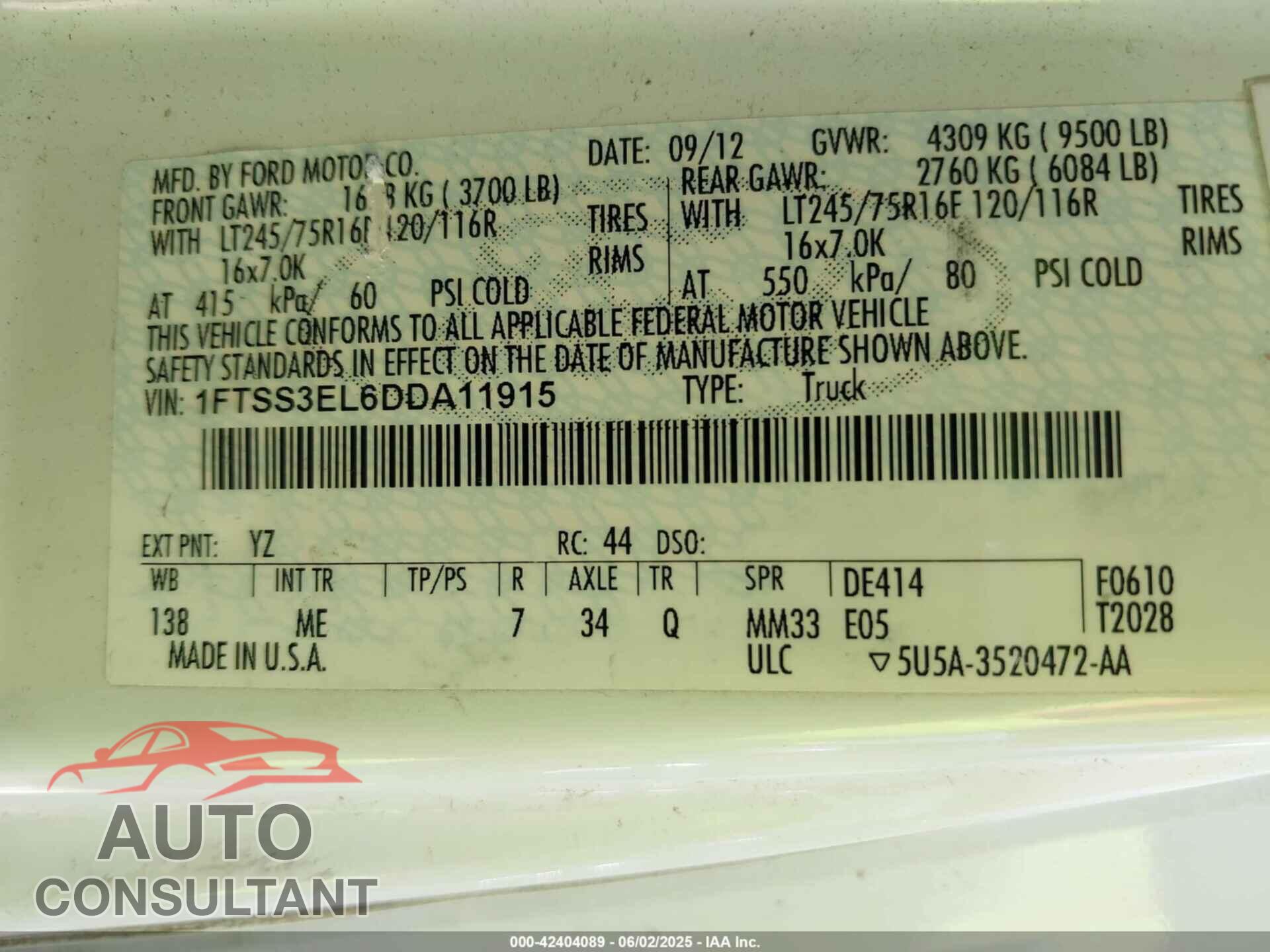 FORD E-350 SUPER DUTY 2013 - 1FTSS3EL6DDA11915