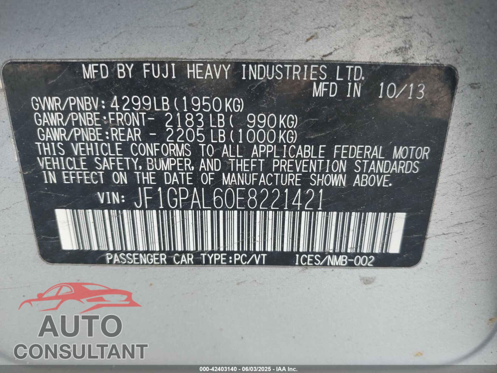 SUBARU IMPREZA 2014 - JF1GPAL60E8221421